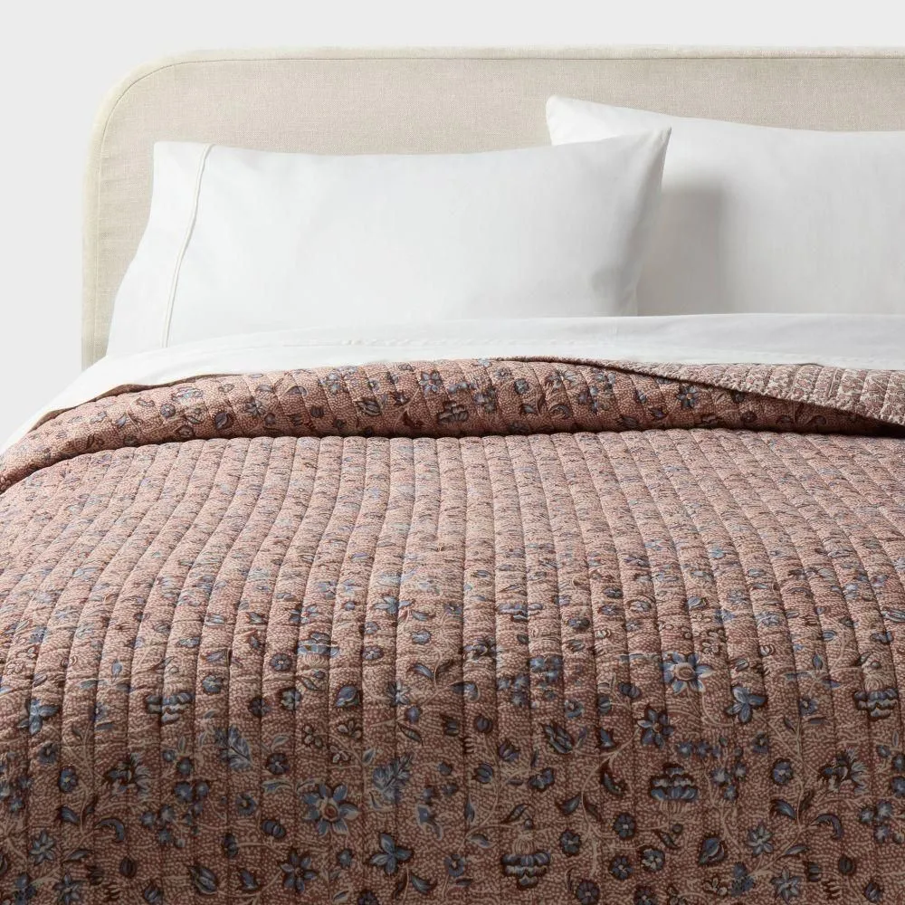 New without box - Full/Queen Printed Floral Gauze Reversible Quilt Brown - Threshold