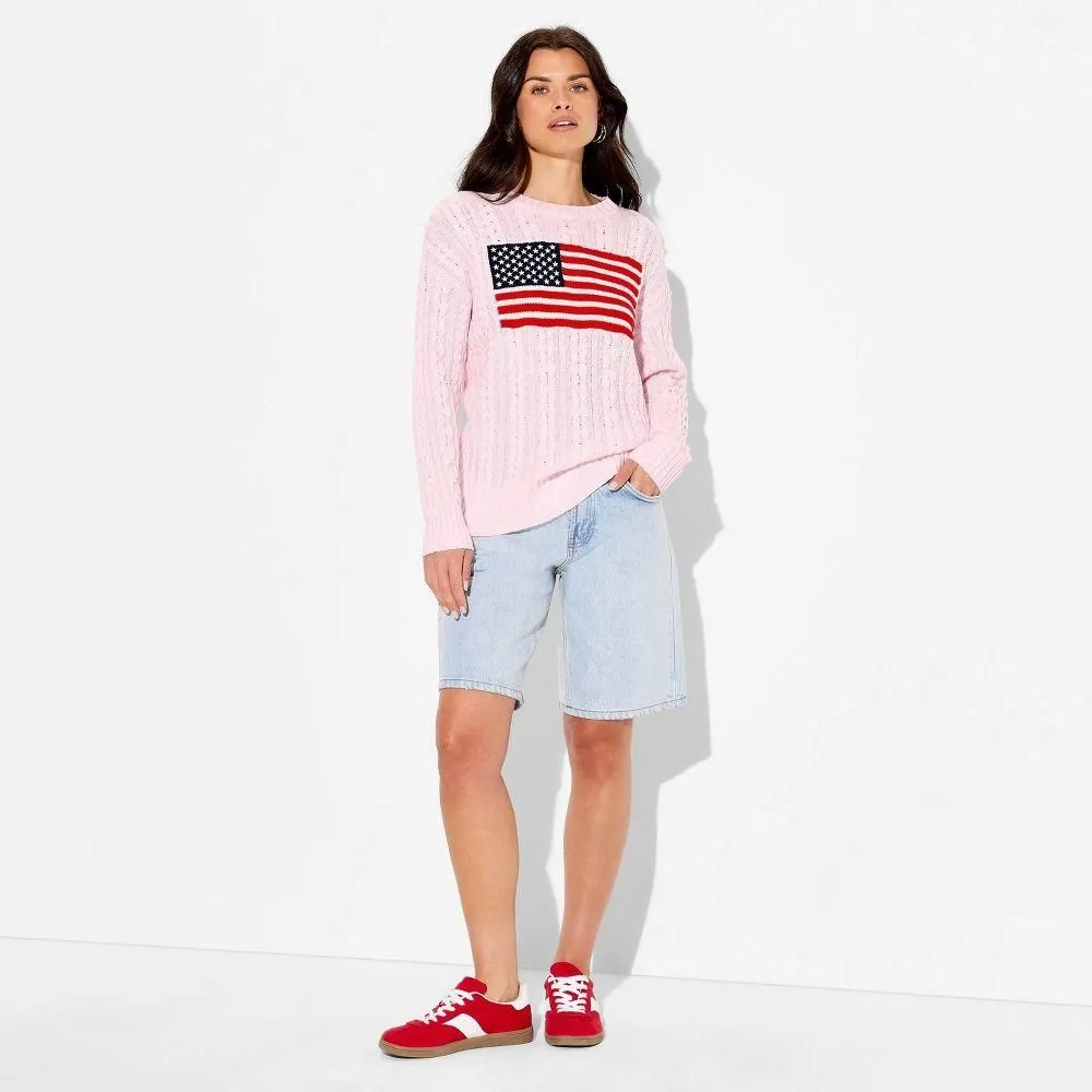 New without Tags - Size: Large - Women's Crewneck American Flag Pullover Sweater - Wild Fable Light Pink Flags
