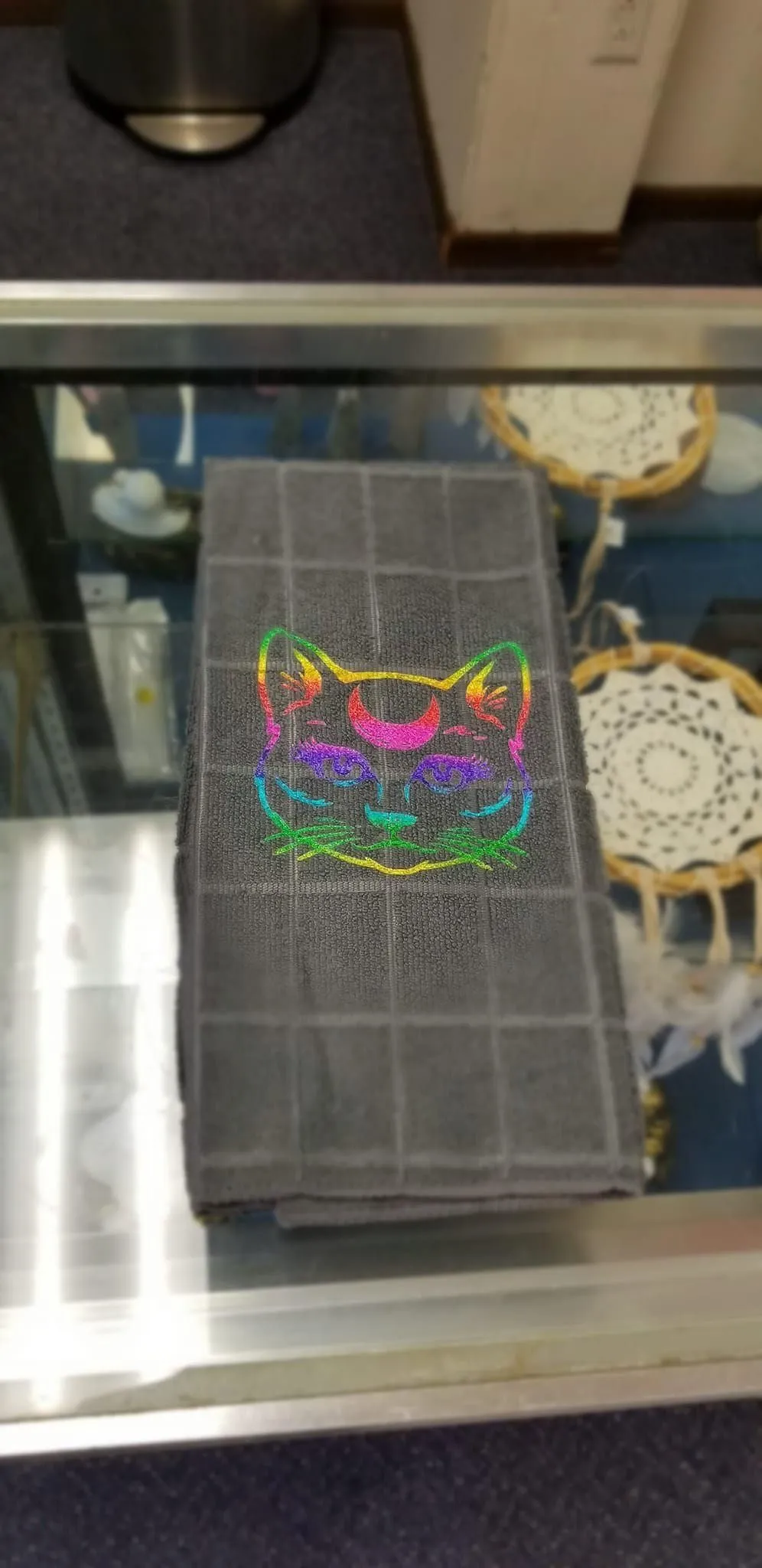 Rainbow Moon Cat Hand Towel – Gray Microfiber 15x25" Handmade Design