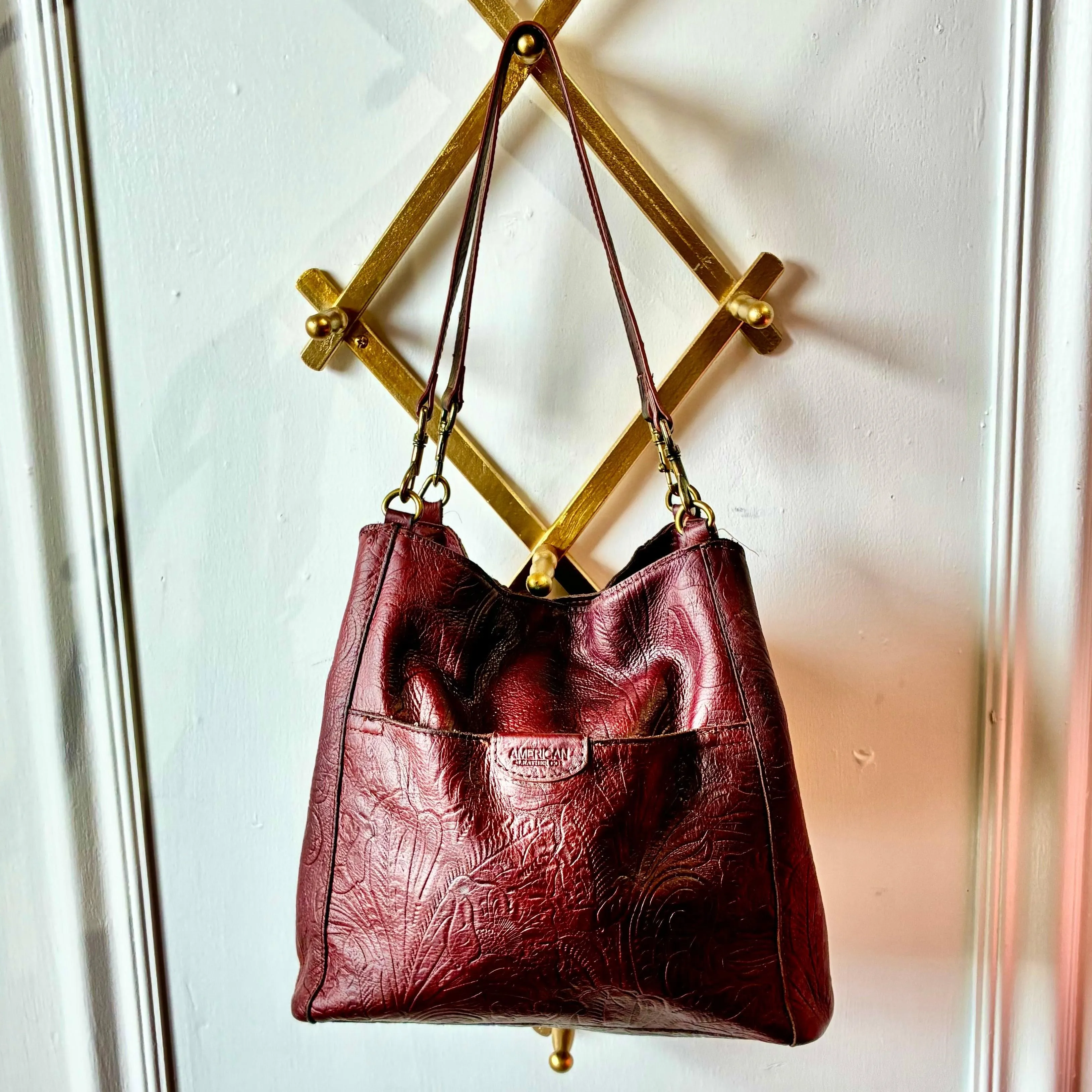 American Leather Co Floral Tooled Embossed Leather Shoulder Bag