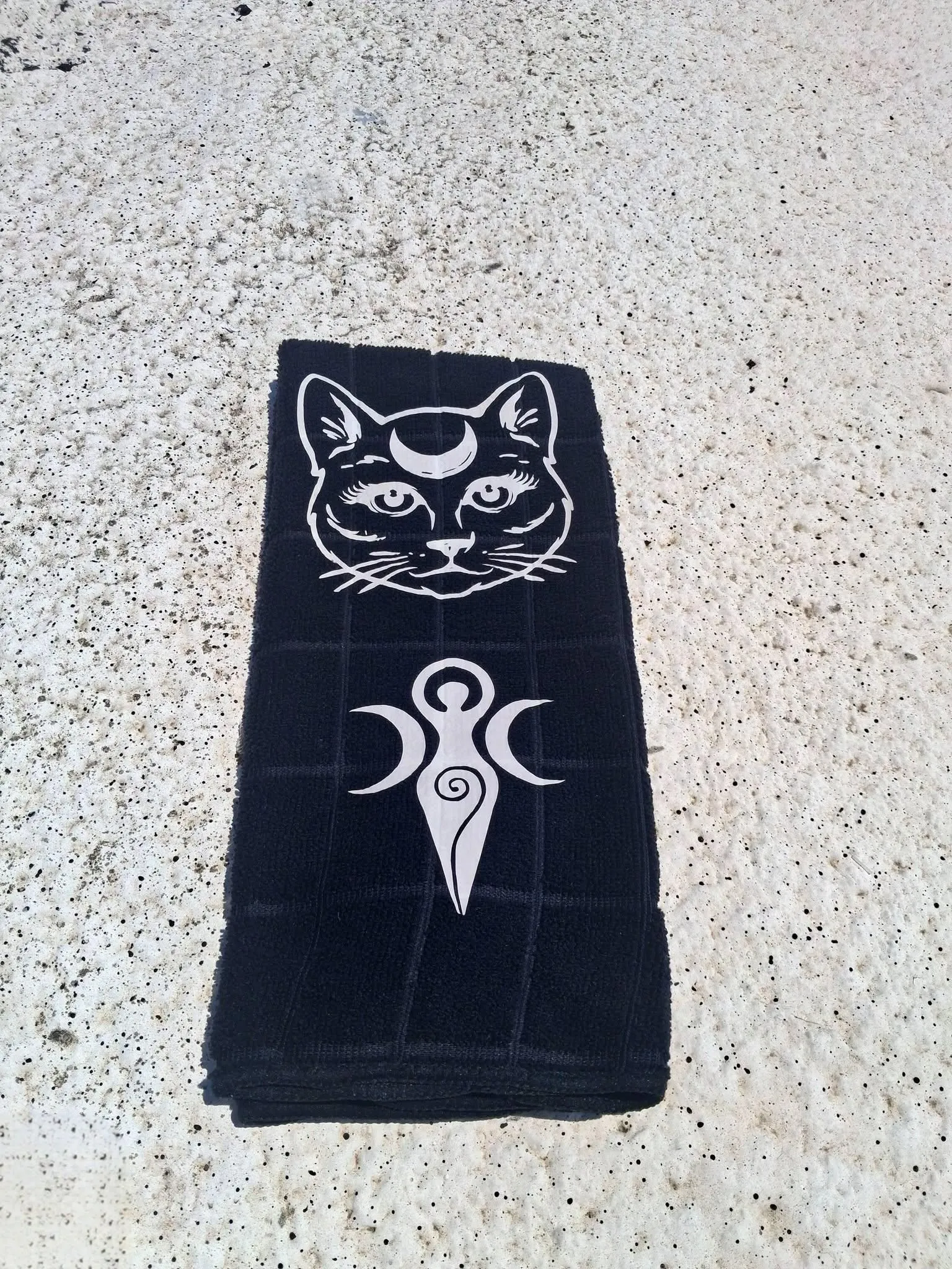 Moon Cat Triple Goddess Hand Towel – Black Microfiber 15x25" Handmade Design