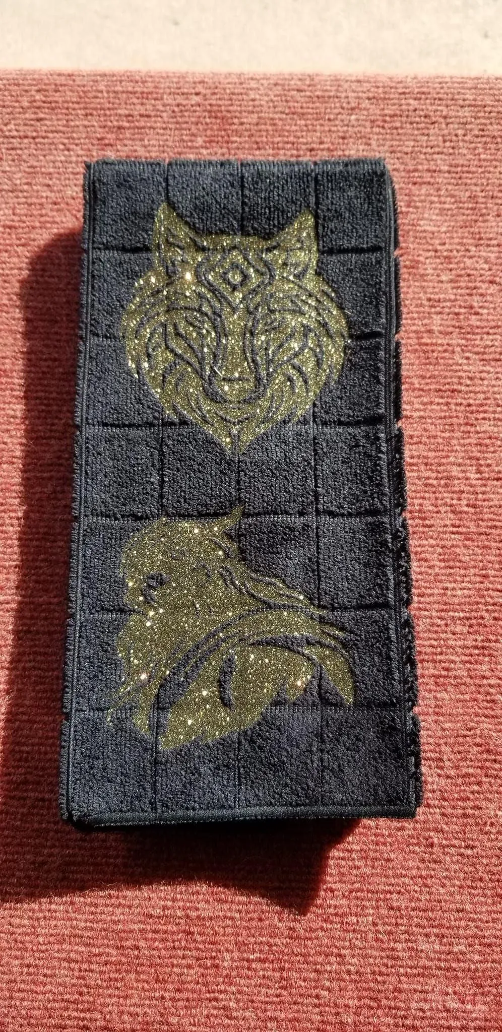 Wolf and Viking Warrior Hand Towel – Black Microfiber 15x25" Gold Glitter Handmade Design