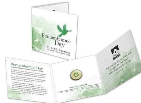 2014 Australia Remembrance Day C Mintmark $2 Dollar coin in Folder - Green Dove