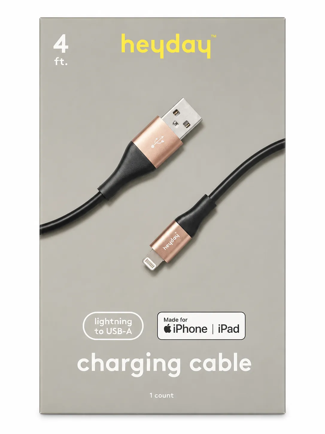 heyday™ 4ft Lightning to USB-A Charging Cable for iPhone & iPad | Rose Gold & Black | Apple MFi Certified
