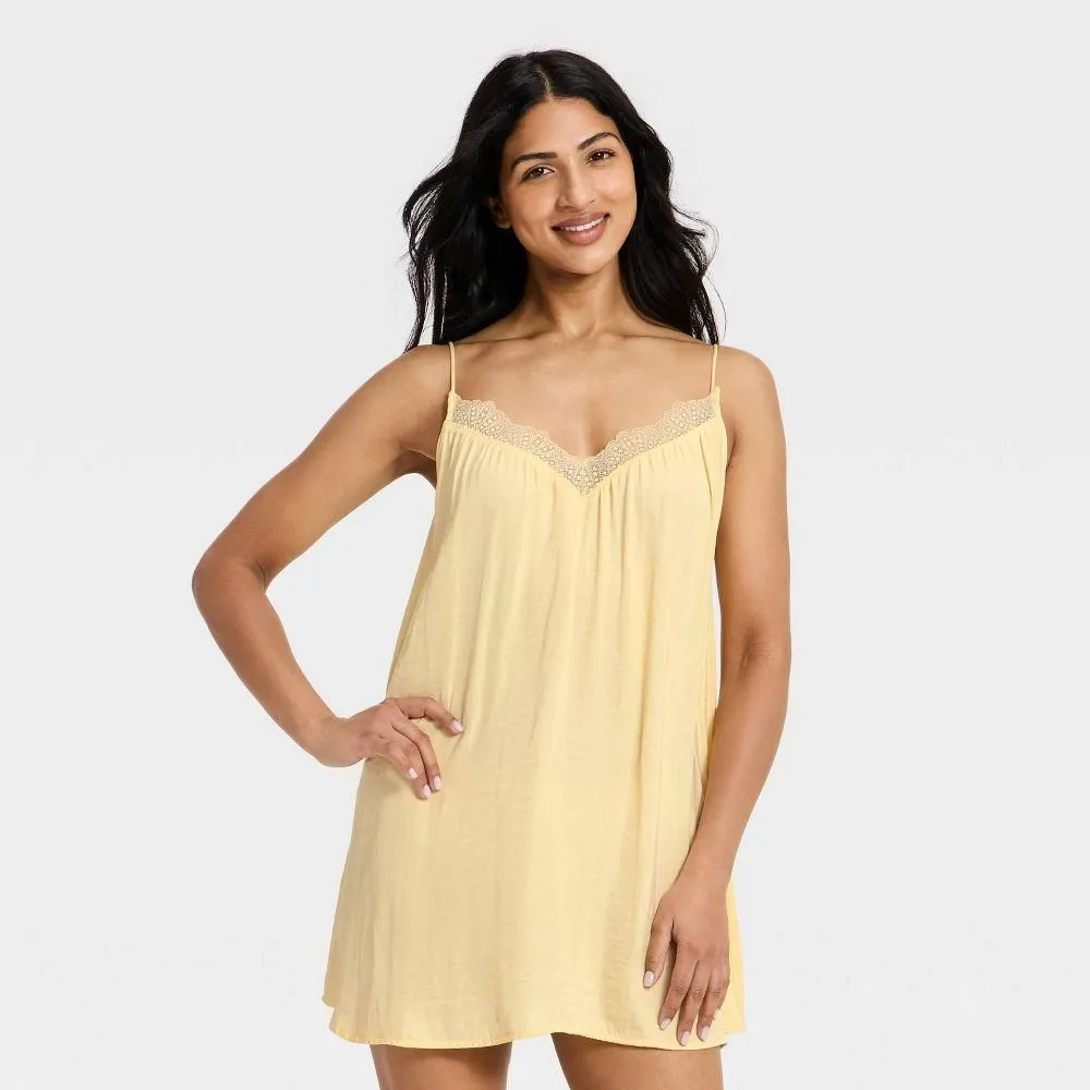 New without Tags - Women's Luxury Collection Lace Trim Satin Chemise - Auden Yellow XXL
