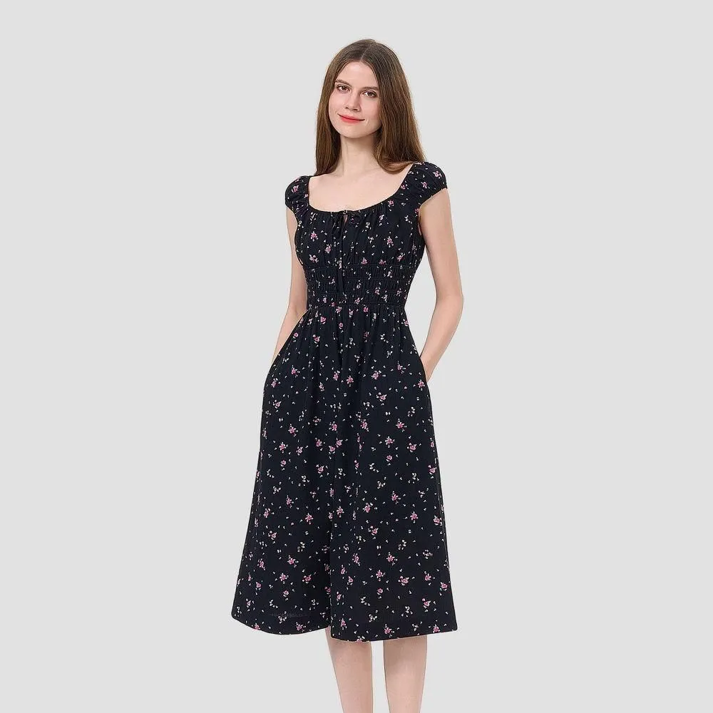 New without Tags - Women's Cap Sleeve Boho Midi Dress - Universal Thread Black Floral M