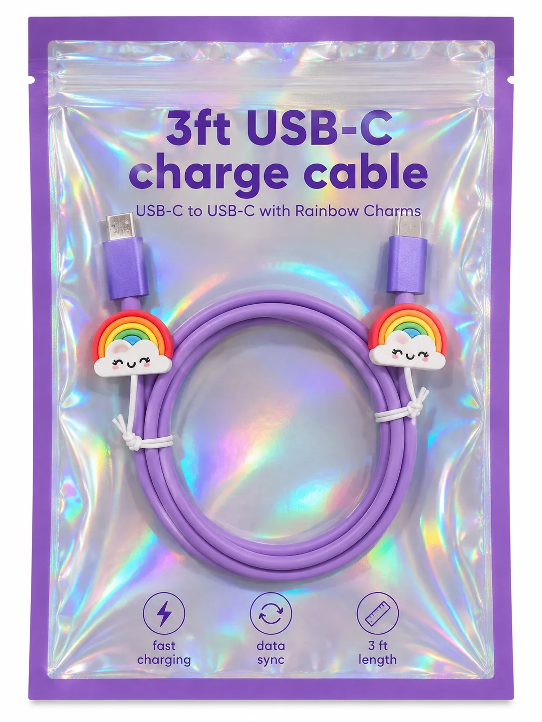 3ft USB-C Charging Cable with Rainbow Cable Protectors | Purple | Fast Charging & Data Sync