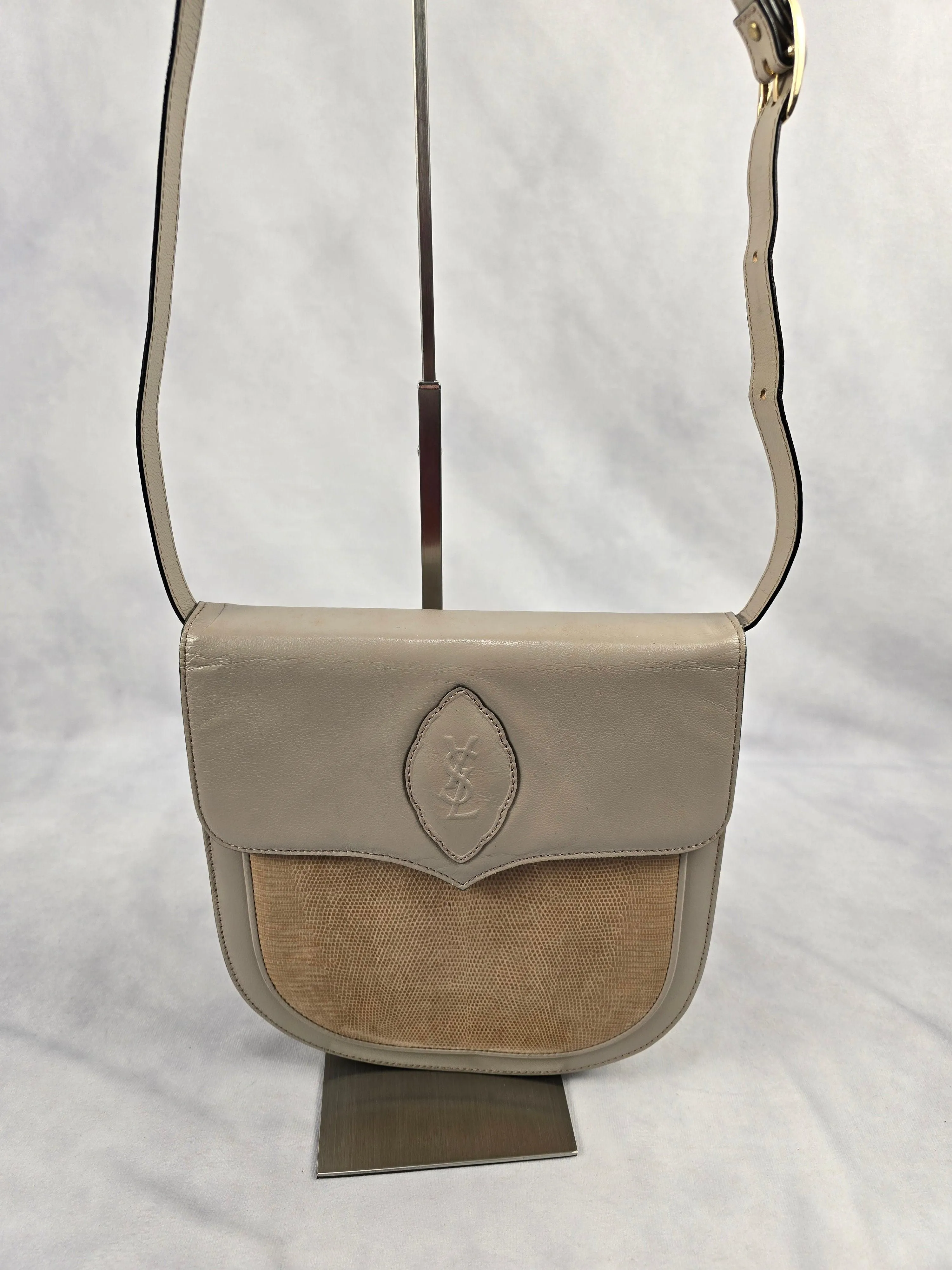 YSL Vintage Cassandre Embossed Leather and Lizard Shoulder Bag