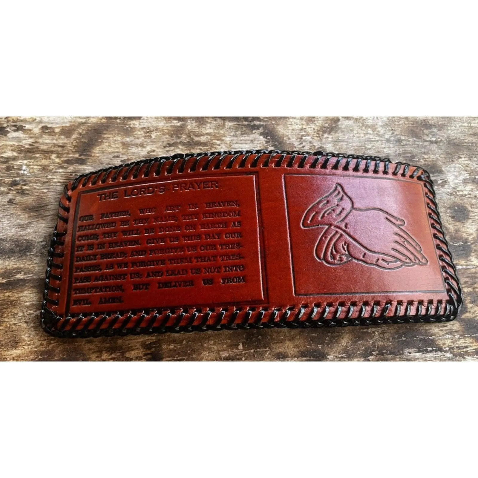 USA MADE Handmade LACED LEATHER BI FOLD WALLET The Lord's Prayer Praying Hands