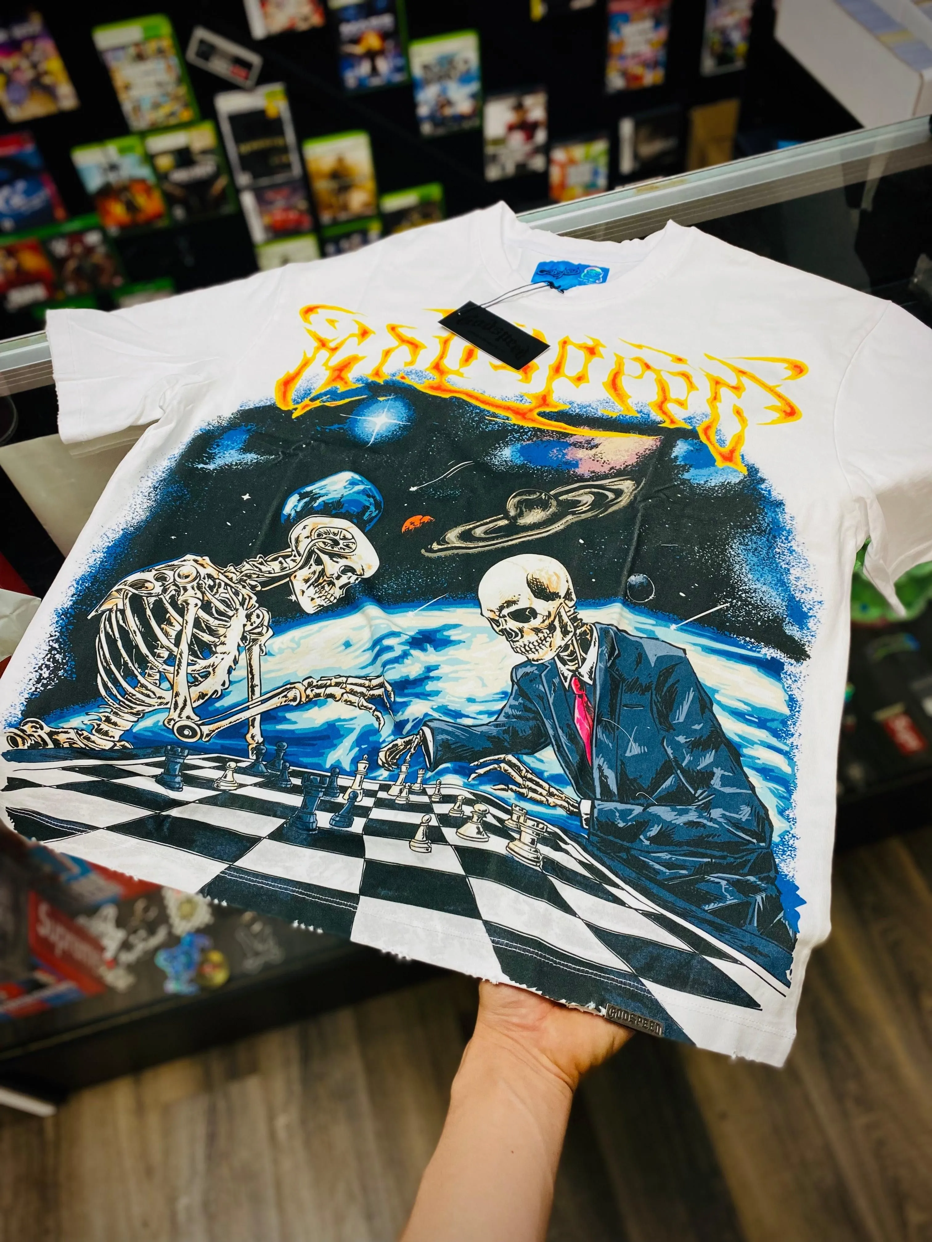 Godspeed Skeleton Checkers Tee Size Large