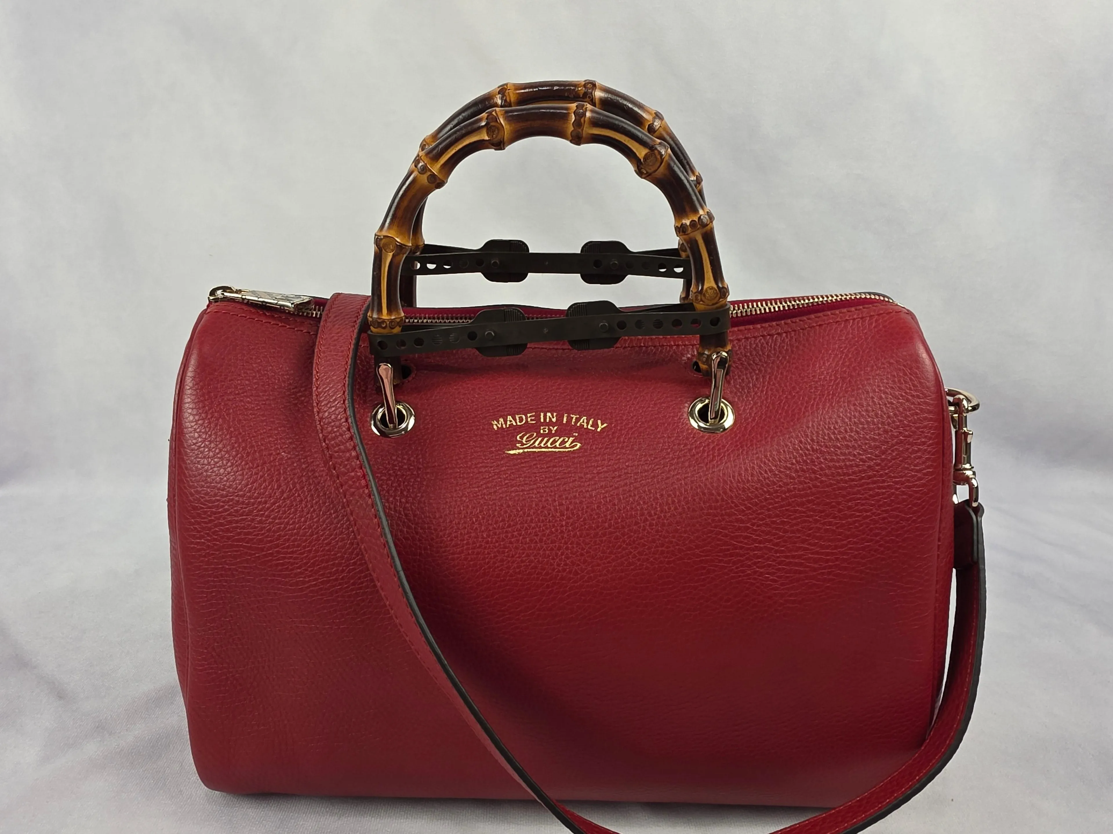 Gucci Medium Red Pebbled Calfskin Leather Bamboo Shopper Boston Bag