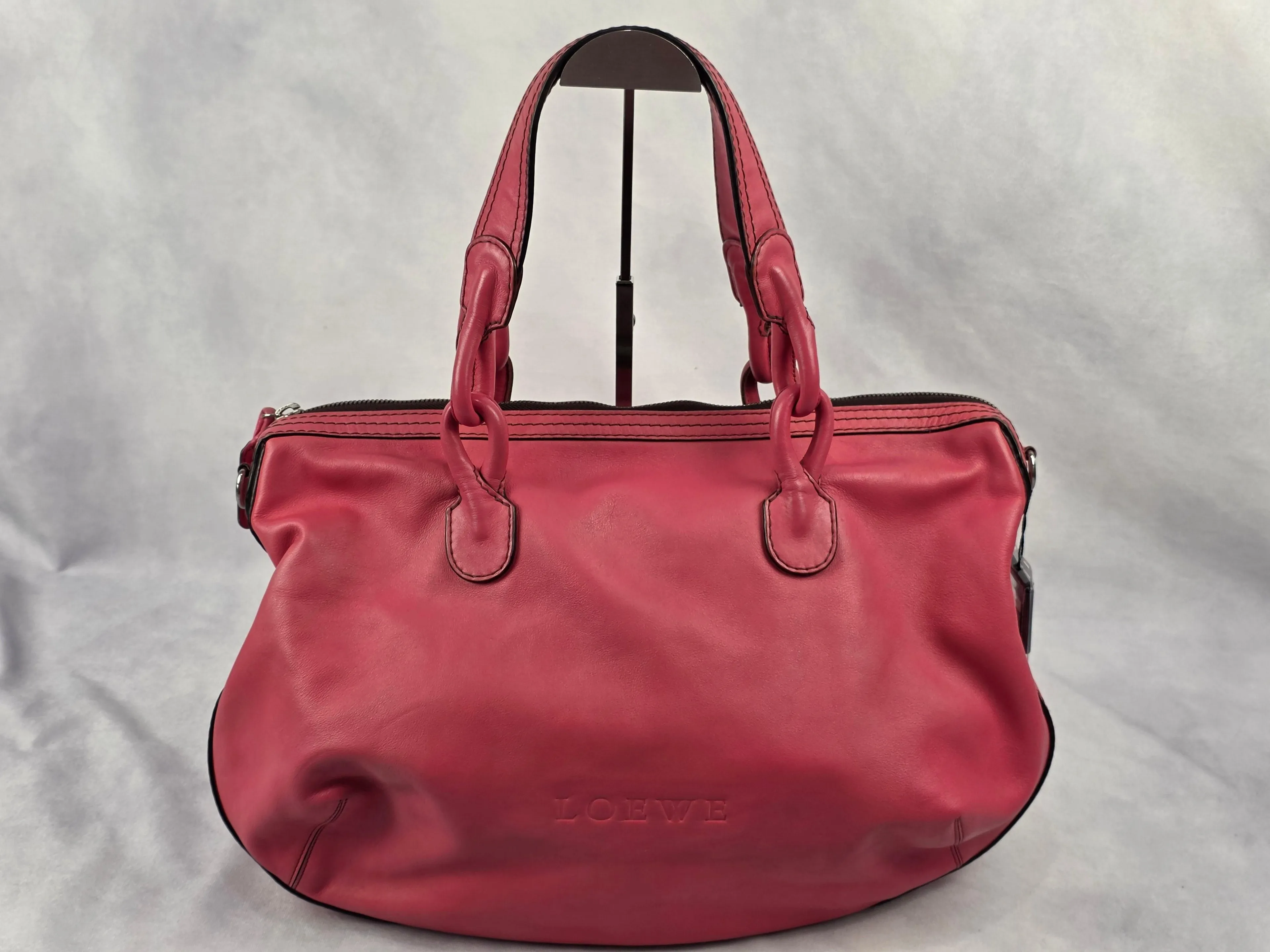 Loewe Large Pink Leather Boston Travel Tote Bag with Debossed Logo