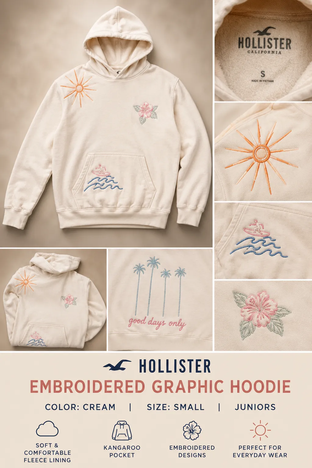 Hollister Embroidered Graphic Hoodie – Cream Pullover Fleece Sweatshirt – Juniors Small