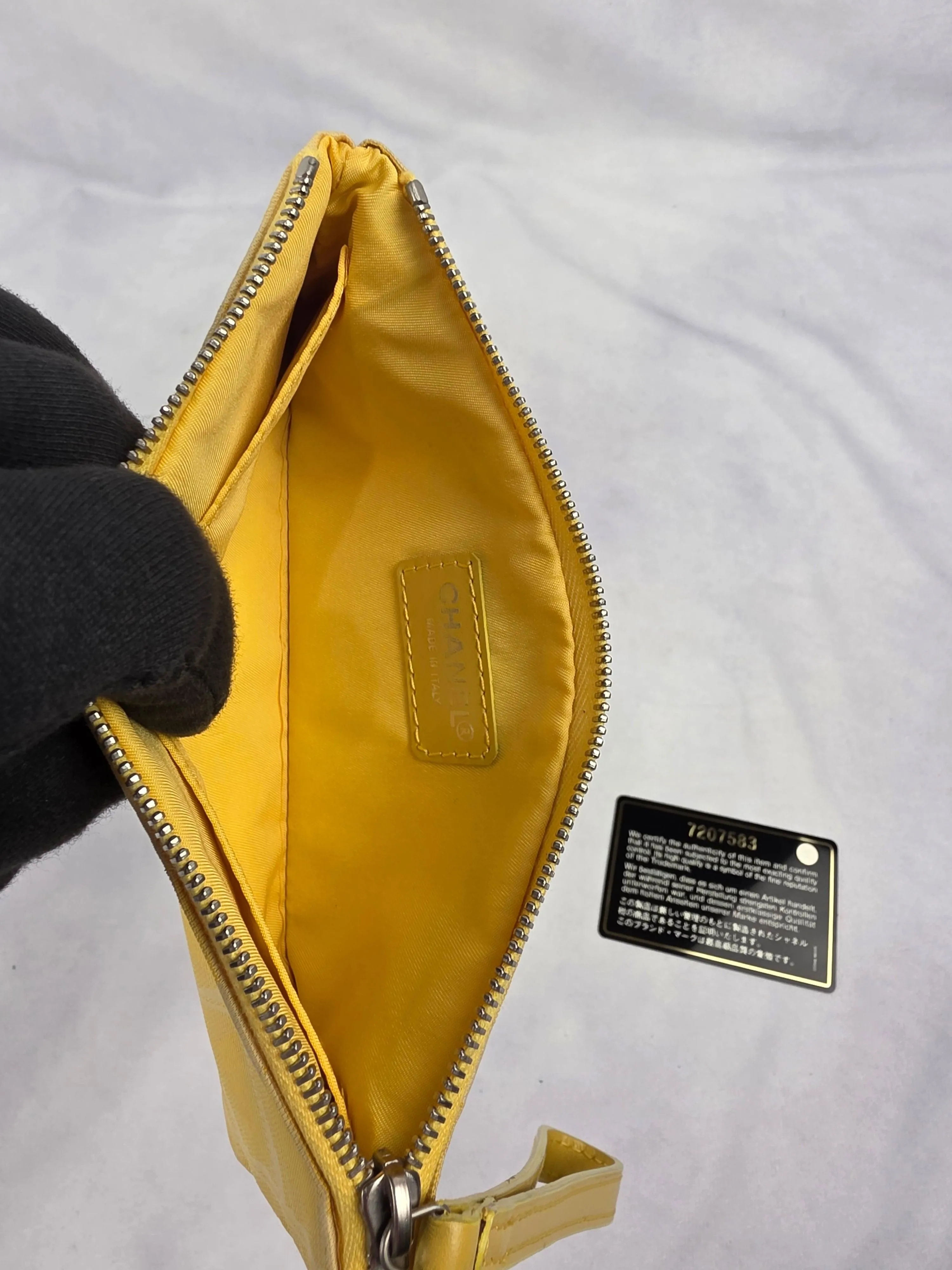 Vintage Chanel Yellow New Travel Ligne Jacquard Canvas Zip Pouch Wristlet