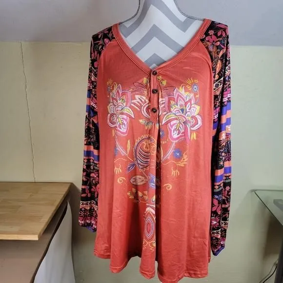 Product image for Womans Unbranded Cotton Poly blend Long Sleeve Fun Print Coral/Blue/Black S 3X