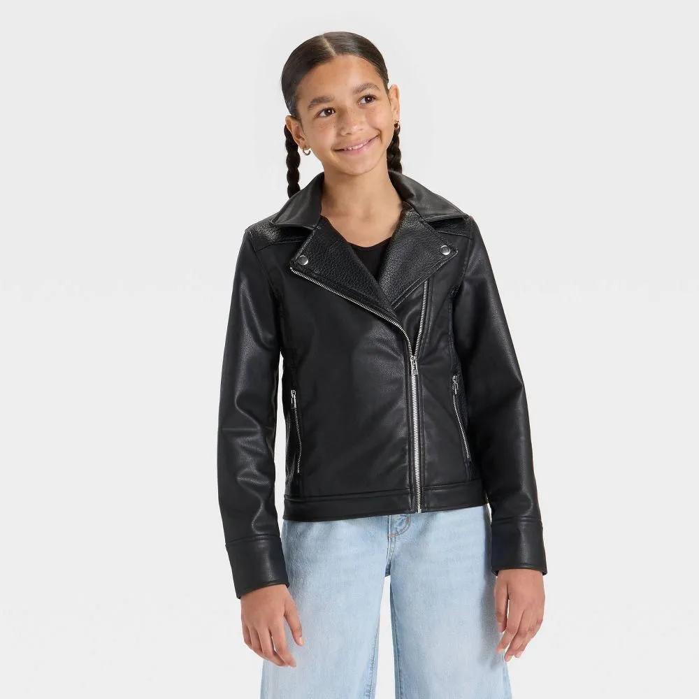 New without Tags - Girls' Faux Leather Moto Jacket - art class Black L