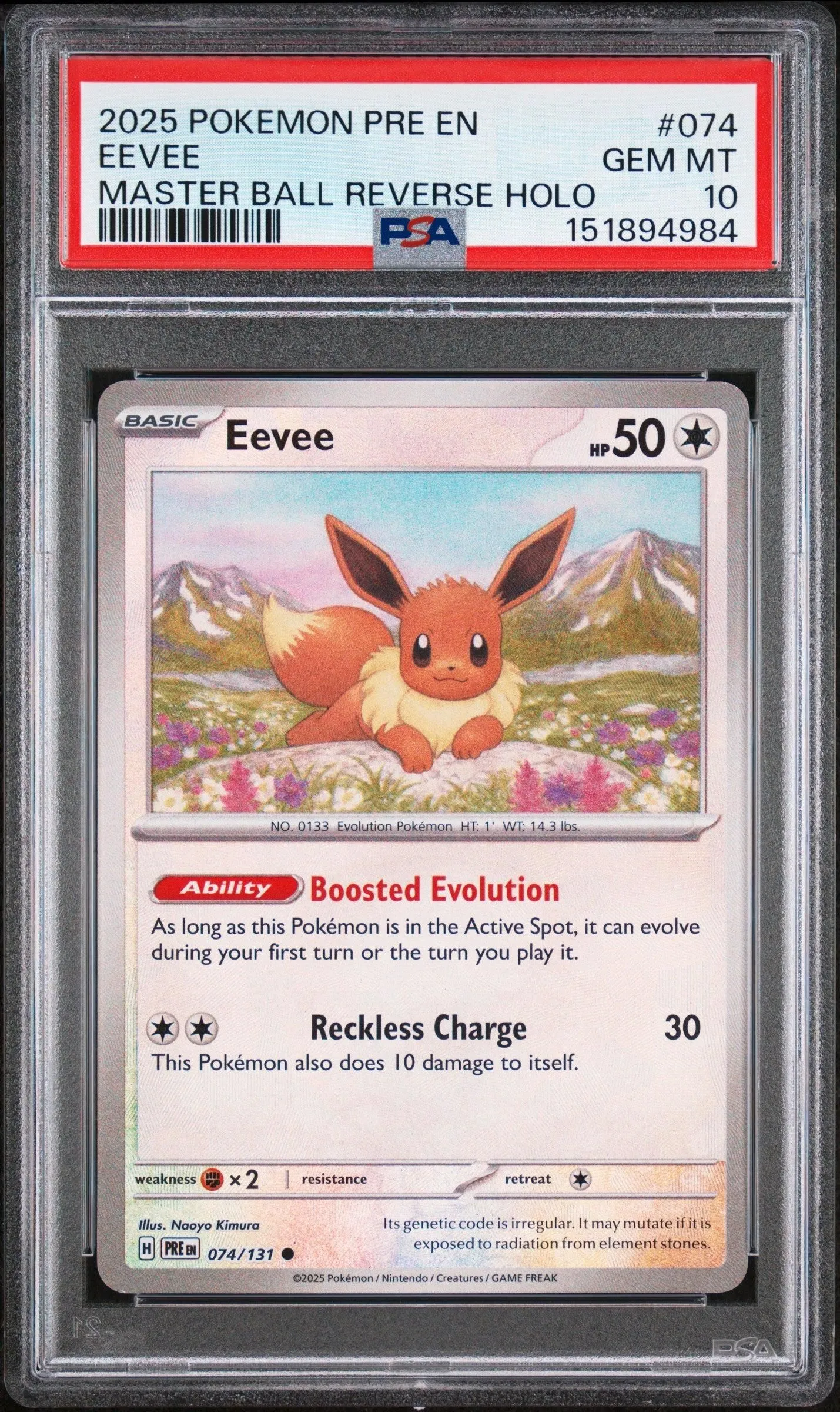 2025 Pokemon Prismatic Evolutions Master Ball Reverse Holo Eevee 10 PSA #074