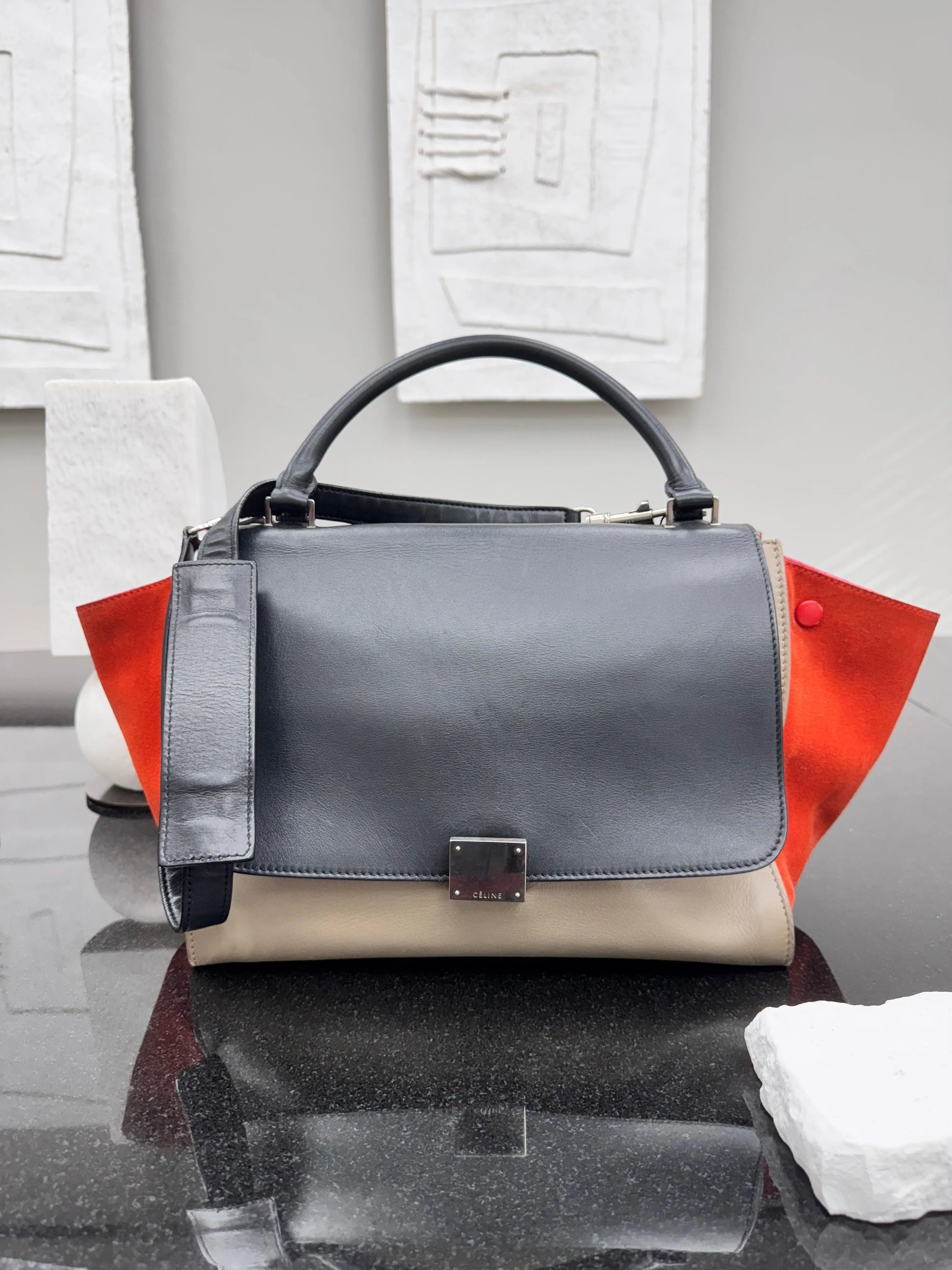 Celine Tricolor Leather And Suede Trapeze Medium 2Way Bag