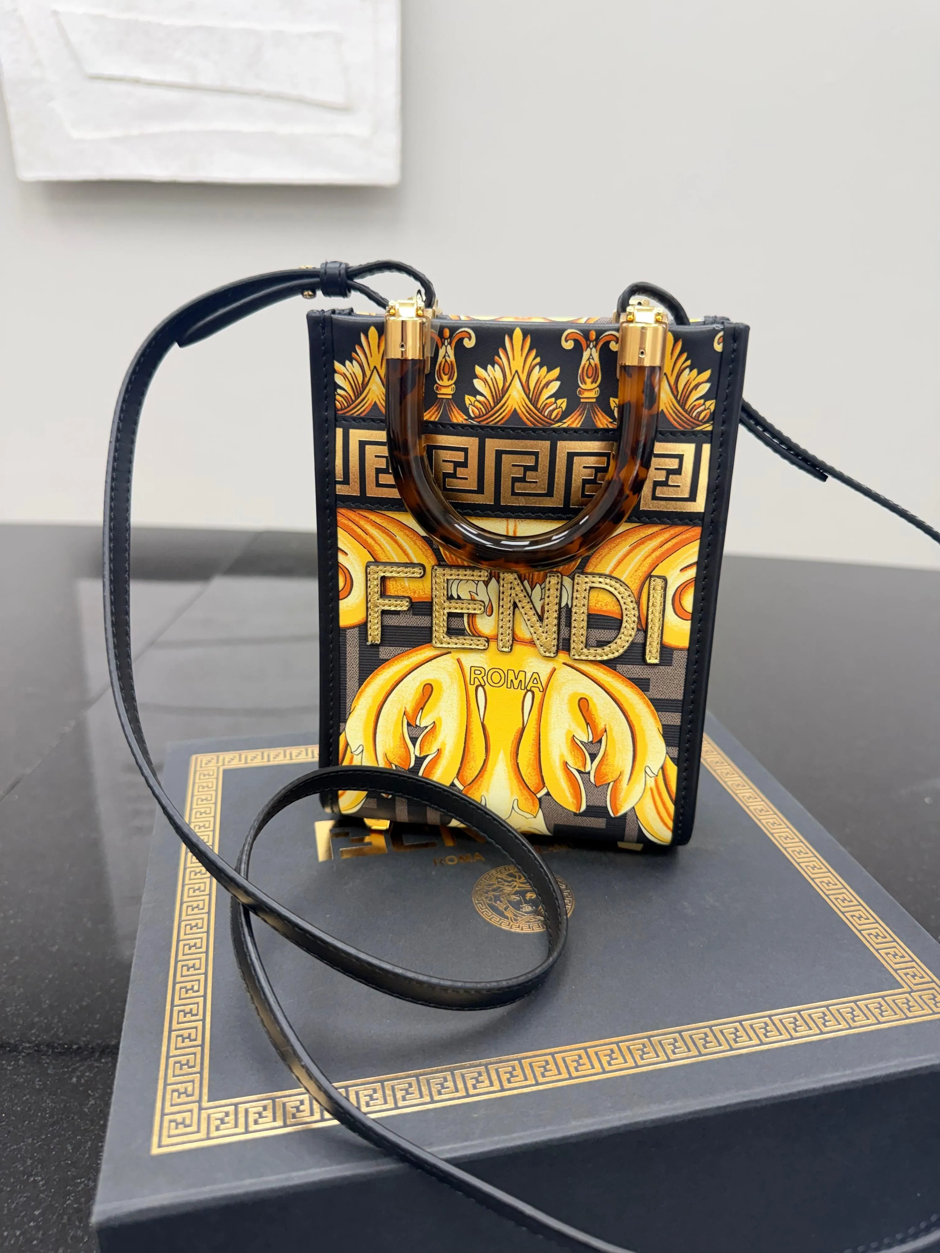 BRAND NEW - Fendi X Versace Yellow And Black Sunshine Mini Shopper Crossbody Bag