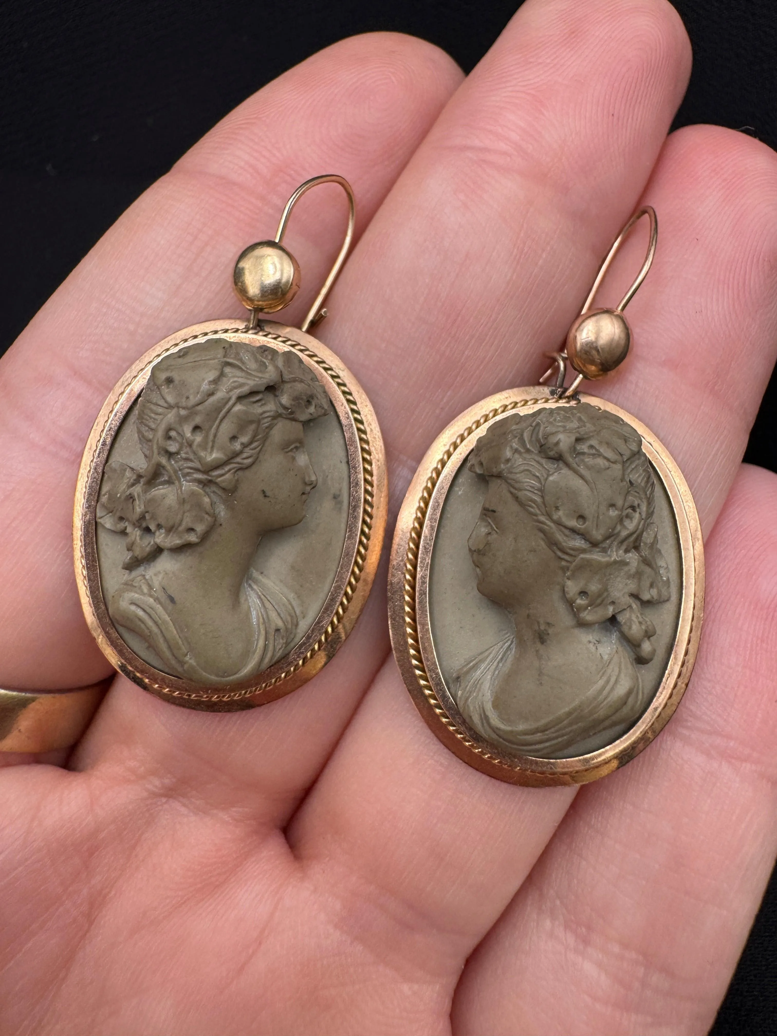 Victorian 14K Gold Lava Cameo Earrings