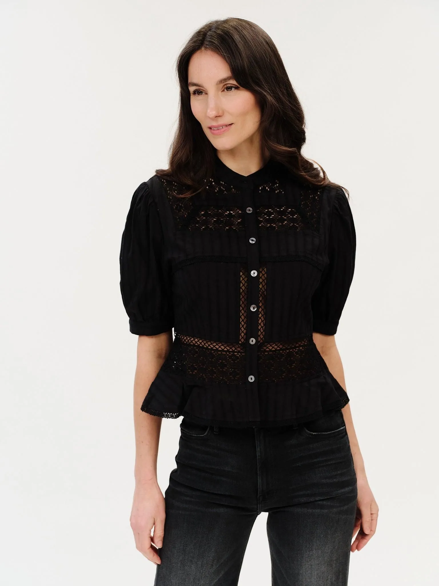 PAOLA Eyelet Mixed Media Blouse