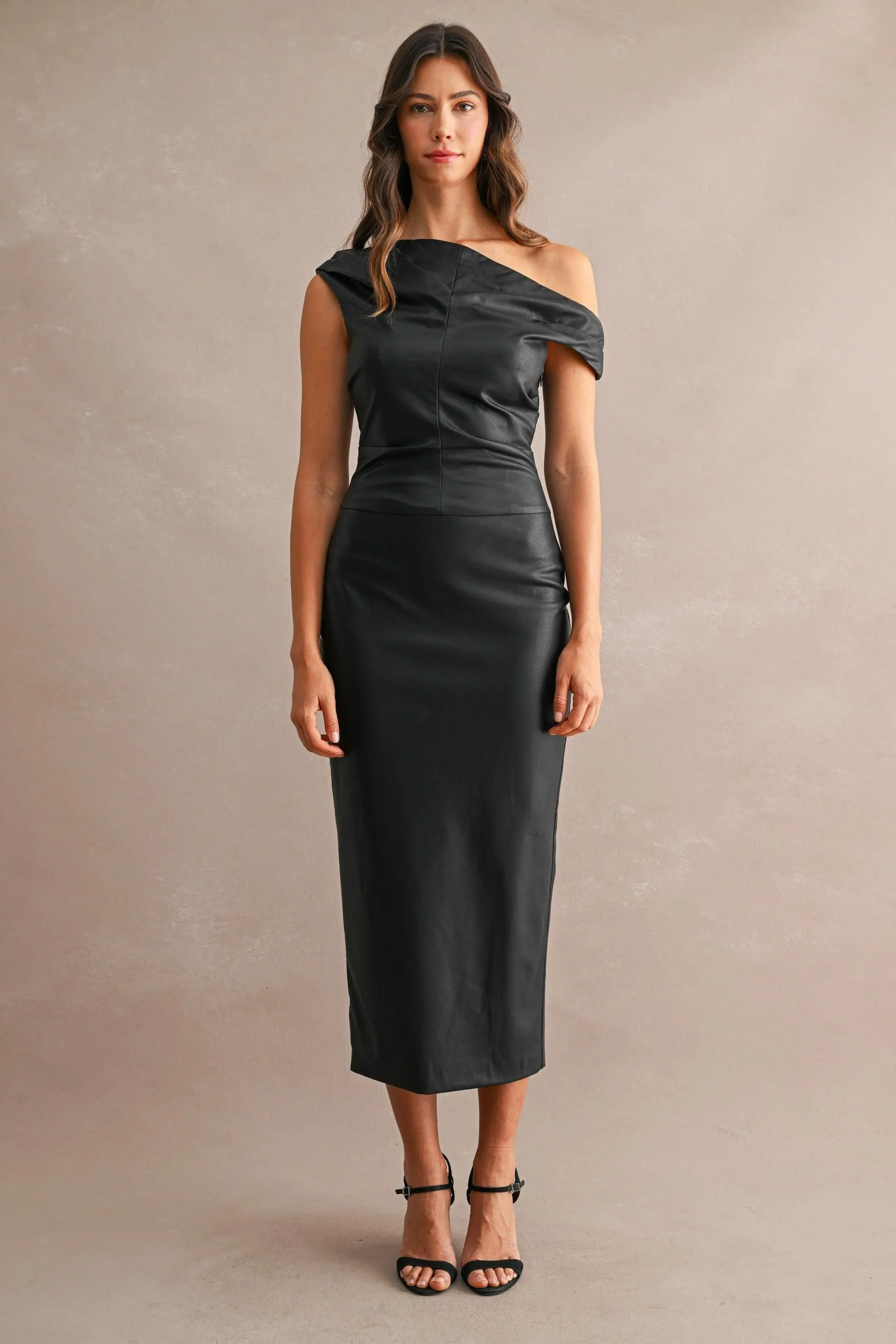 Faux Leather One Shoulder Asymmetric Draped Neck Midi Dress