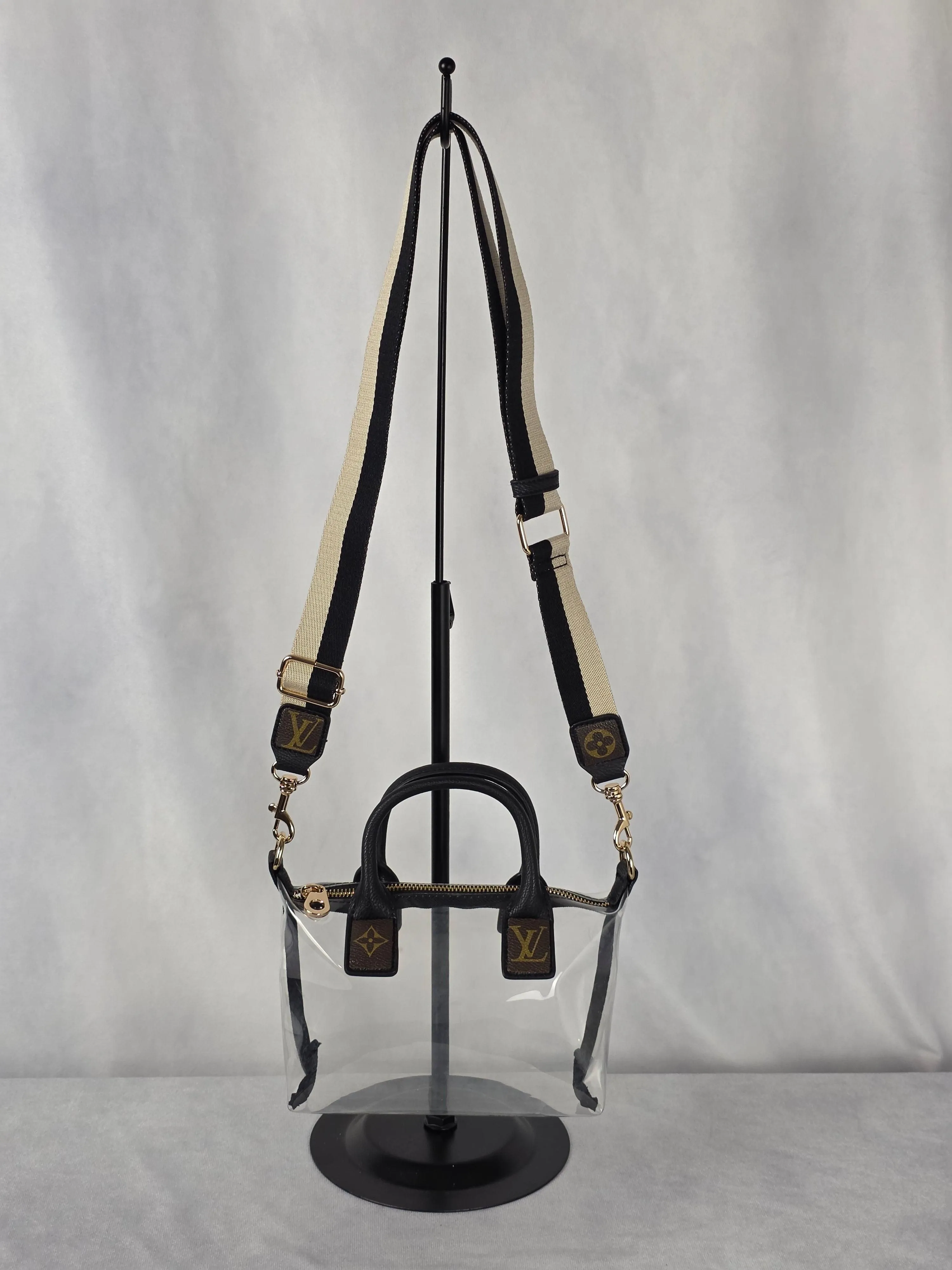 UPCYCLED STADIUM BAG WITH LUXURY ACCENTS, BLACK/CLEAR