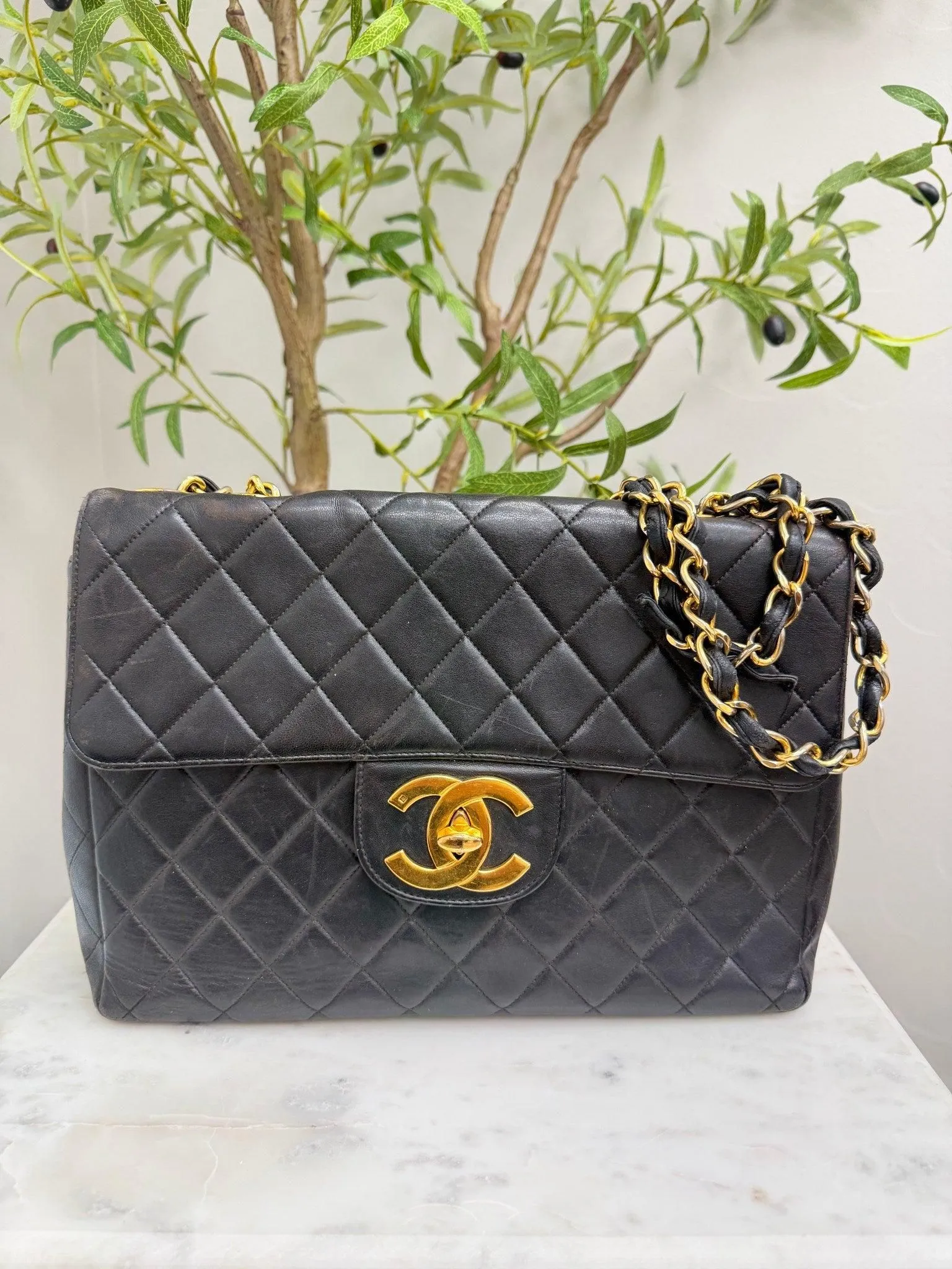 Chanel Vintage Black Leather Jumbo Classic Flap Bag
