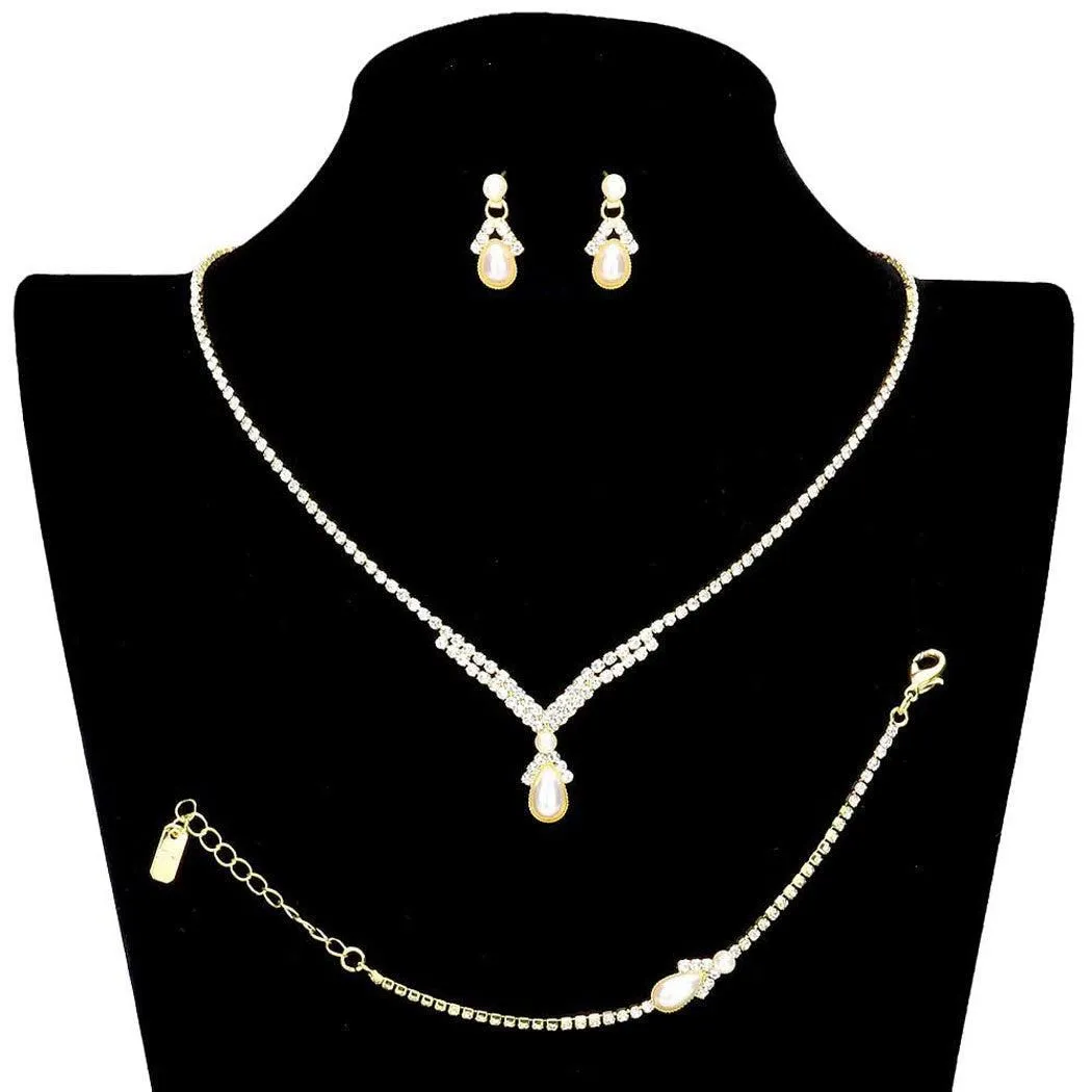 3PCS Teardrop Pearl Accented Rhinestone Necklace Jewelry Set