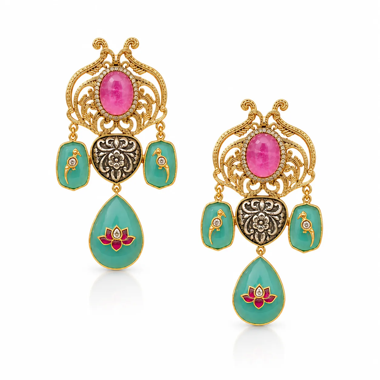Rajnandini Gold-Tone Jade Green & Pink Lotus Statement Earrings | Jaipur Rose Indian Jewelry Kerala Jewelry USA