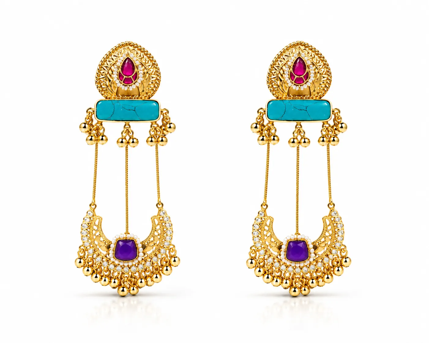 Chandrika Gold-Tone Turquoise & Amethyst Statement Earrings | Jaipur Rose Indian Jewelry Kerala Jewelry USA