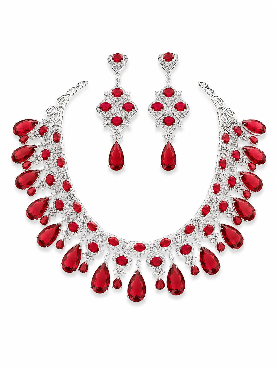 Rang Silver-Tone Ruby Red Crystal Statement Necklace Set | Jaipur Rose Indian Jewelry Kerala Jewelry USA