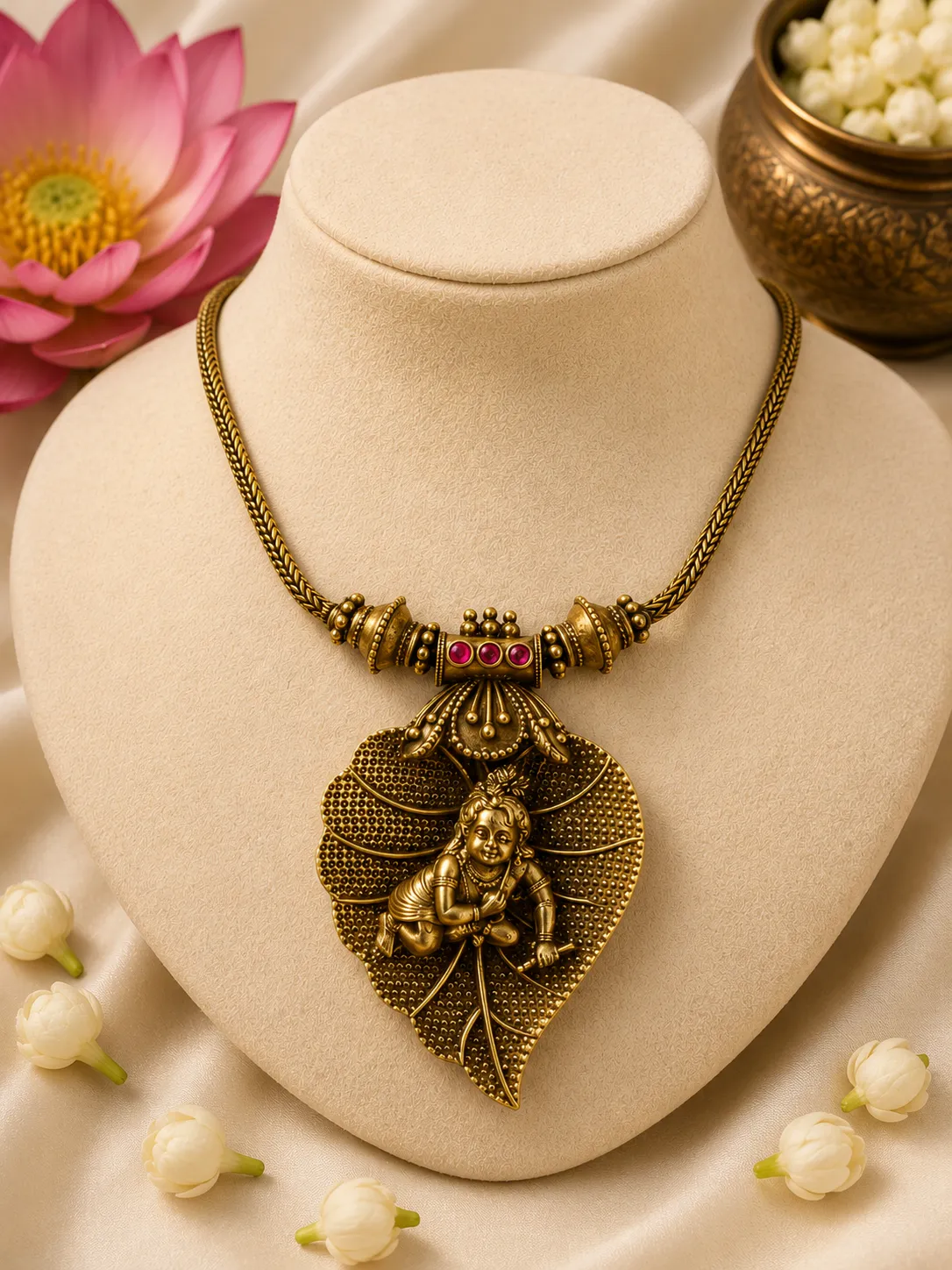 Vrindavan Antique Gold Baby Krishna Leaf Pendant Necklace | Jaipur Rose Indian Jewelry Kerala Jewelry USA