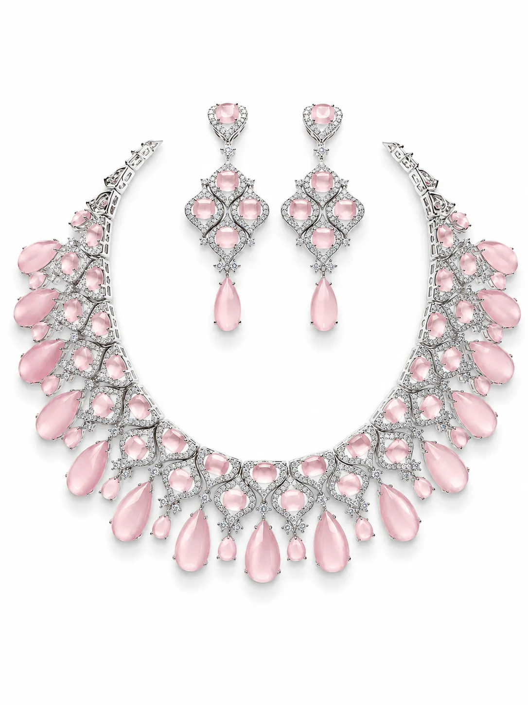 Rang Silver-Tone Pink Crystal Statement Necklace Set | Jaipur Rose Indian Jewelry Kerala Jewelry USA
