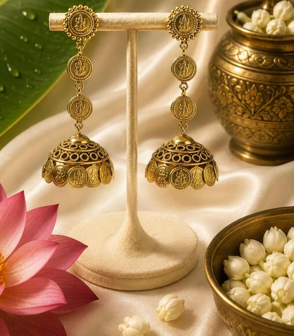 Devalika Antique Gold-Tone Temple Coin Jhumka Earrings | Jaipur Rose Indian Jewelry Kerala Jewelry USA