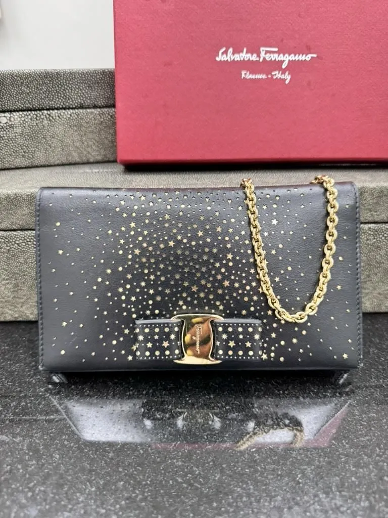 Salvatore Ferragamo Black Leather And Gold Perforated Stars Vara Wallet On A Chain