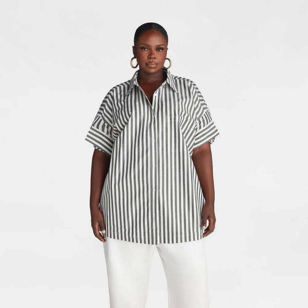 New without Tags - Size: 1X - KBB by KAHLANA Women's Short Sleeve Button-Down 'The Tucked Sleeve Shirt' -