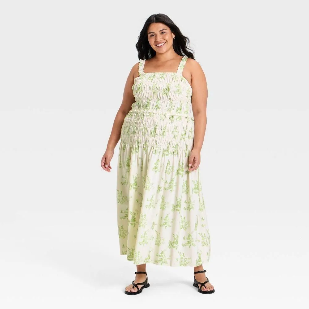 New without Tags - Women's Smocked Maxi A-Line Dress - Universal Thread Green Floral 1X