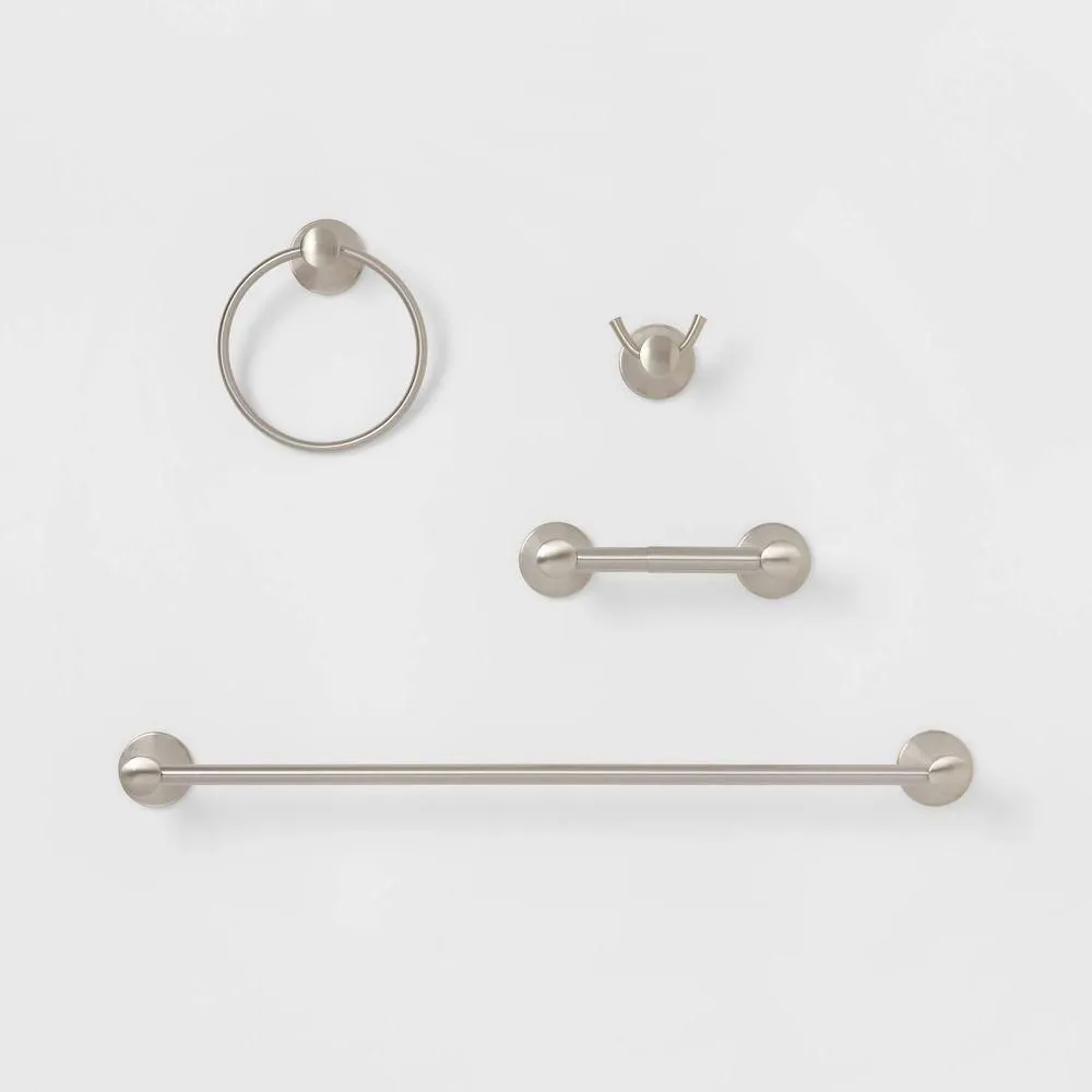 Used and fully functioning - Threshold Casual Bath Hardware Set Towel Ring Toilet Holder Brushed Nickel 4pc