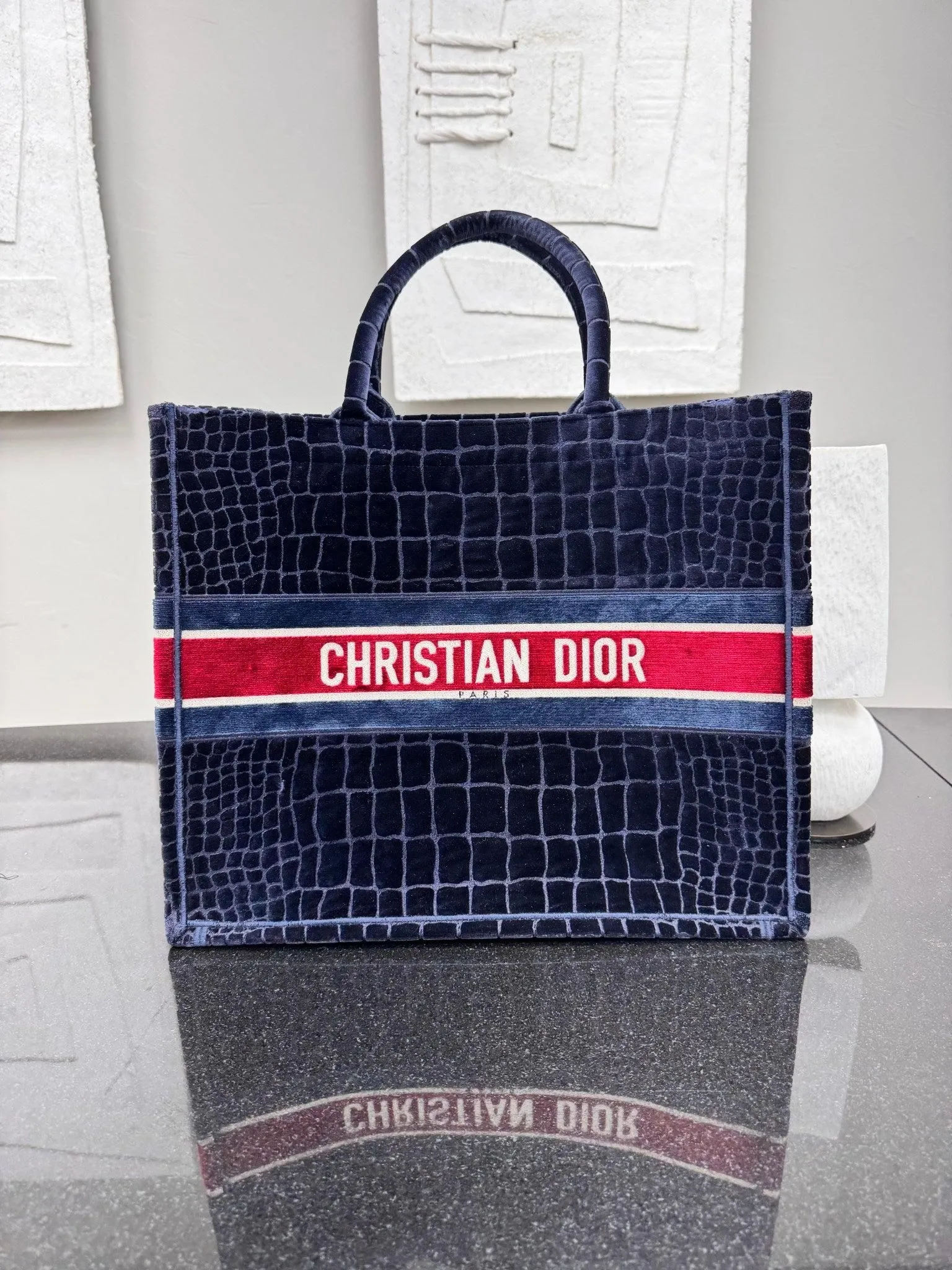Christian Dior Navy Blue Croc Embossed Velvet Large Book Tote Bag