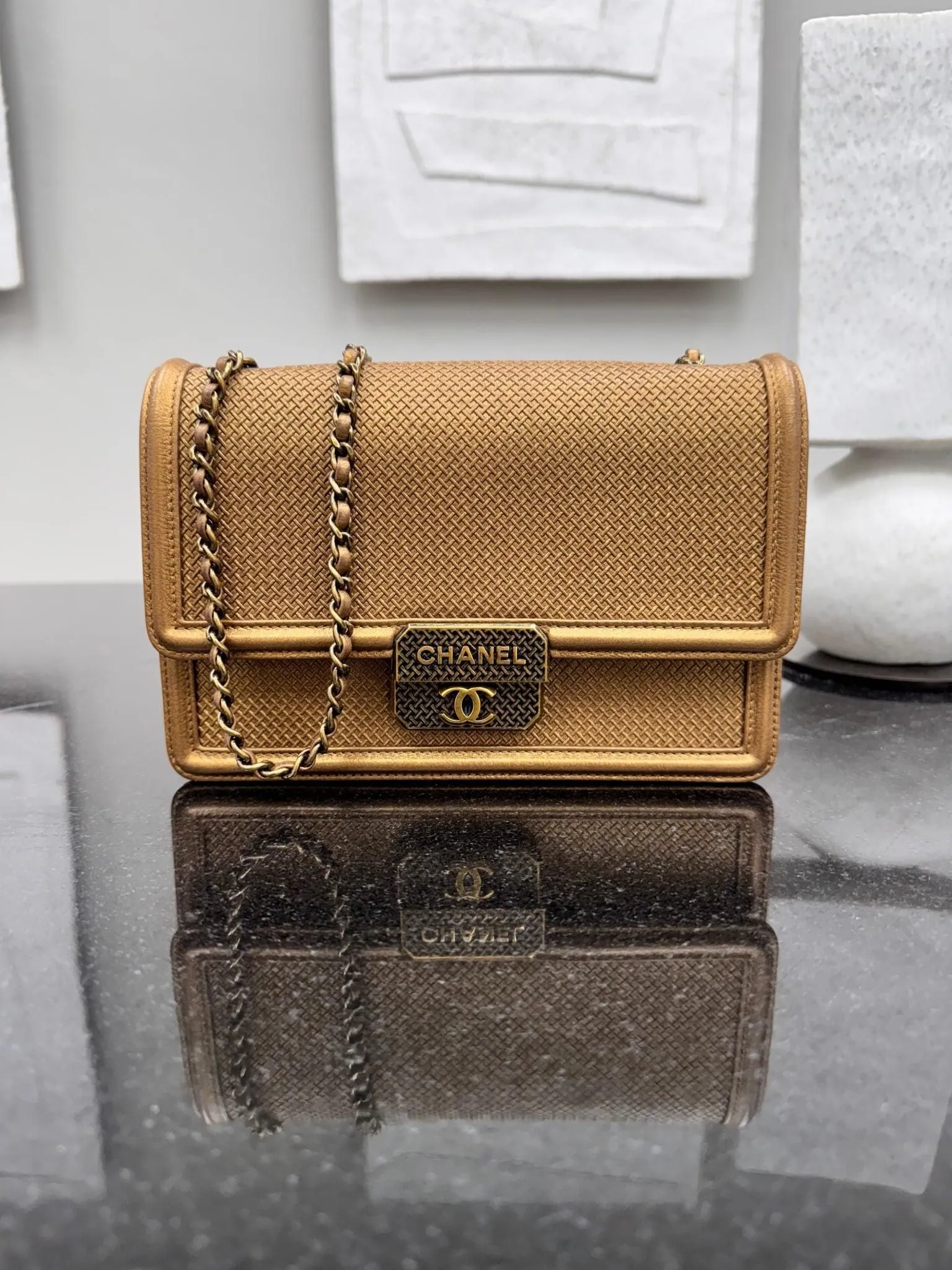 Chanel Gold Woven Texture Small Boy Flap Bag