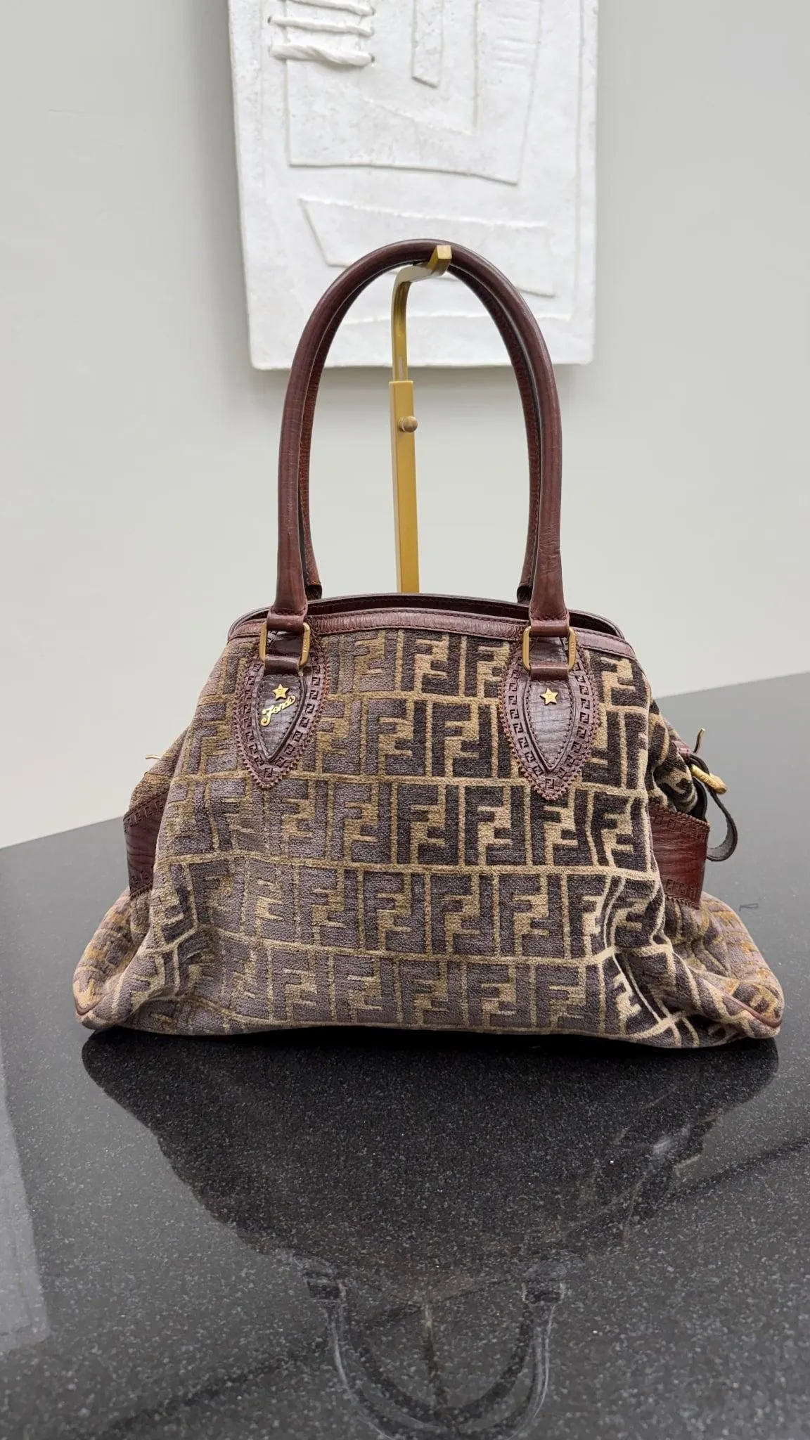 Fendi Brown Velvet Zucca Medium Du Jour Hobo Bag