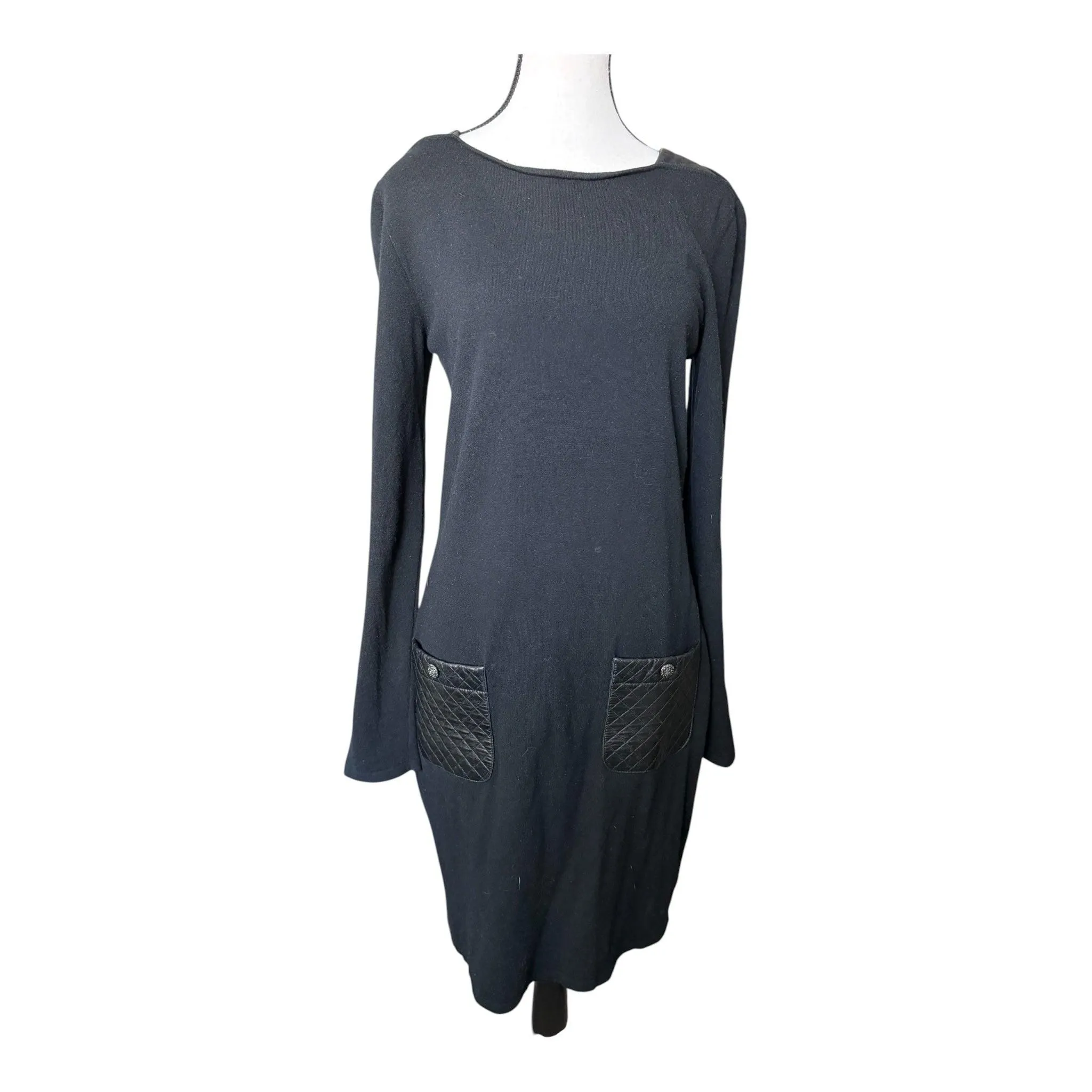 Chanel Vintage 2014 Wool|Cashmere Dress with Quilted Lambskin Leather Trim | Black | FR 40 | US 8