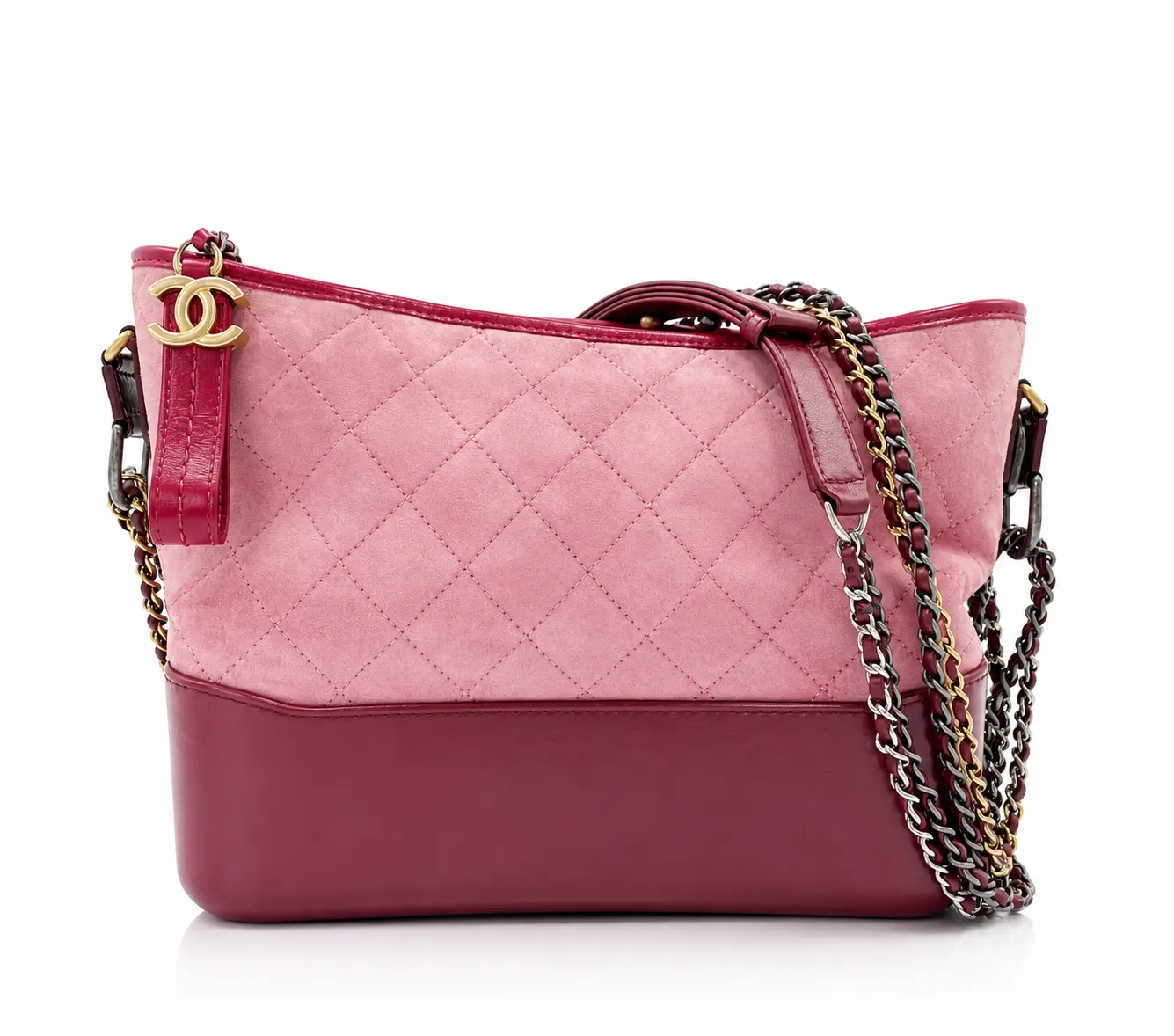 Chanel Medium Gabrielle Hobo Bag in Pink Quilted Suede and Burgundy Calfskin