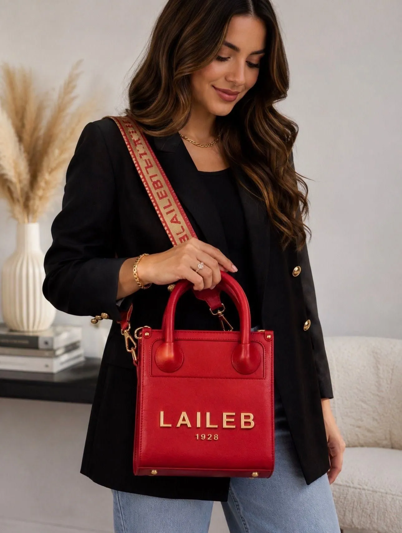 LAILEB Daphne Cardinal Red Structured Satchel Handbag | Gold Hardware | Dual Strap Purse