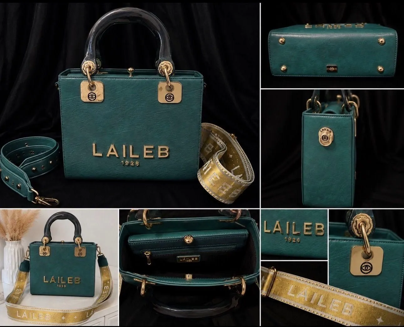 Laileb Beira 1928 Petrol Green Structured Satchel | Acrylic Top Handle | Gold Hardware | 2 Straps Included