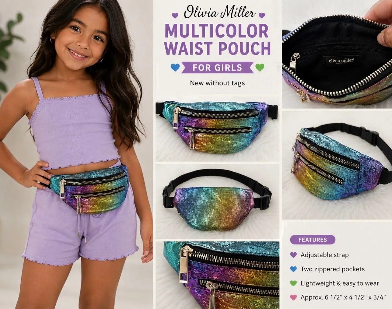 Olivia Miller Multicolor Metallic Waist Pouch for Girls | Rainbow Shimmer Belt Bag | New