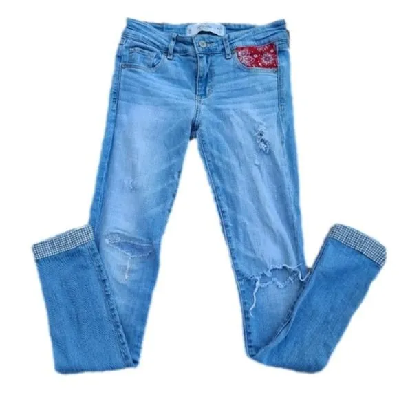 Product image for ABERCROMBIE & Fitch Lightwash Jeans Distressed Patched Bandana Pocket Sequin Hem