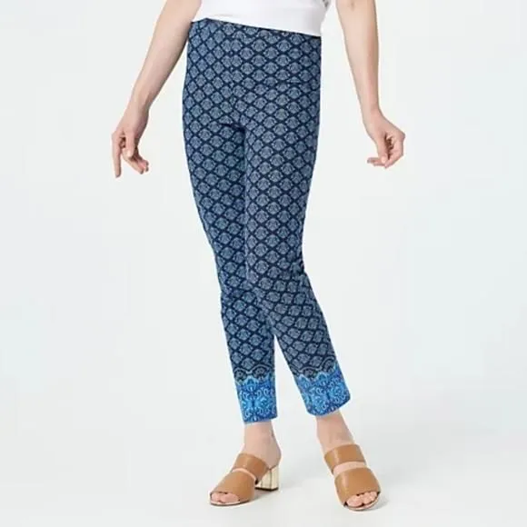 Product image for Issac Mizrahi Live Blue Geometric Pattern Paisley Hem Ankle Pull On Pants NEW