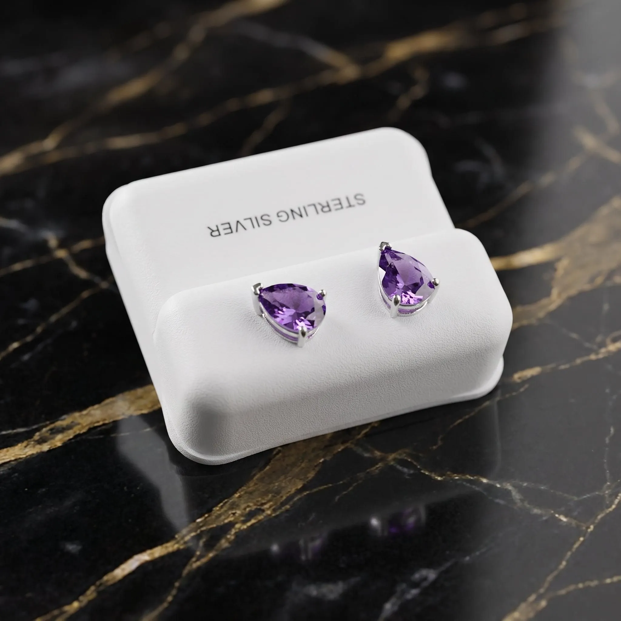 Pear Cz Earrings Purple 925 Sterling Silver 6x9mm Push Back